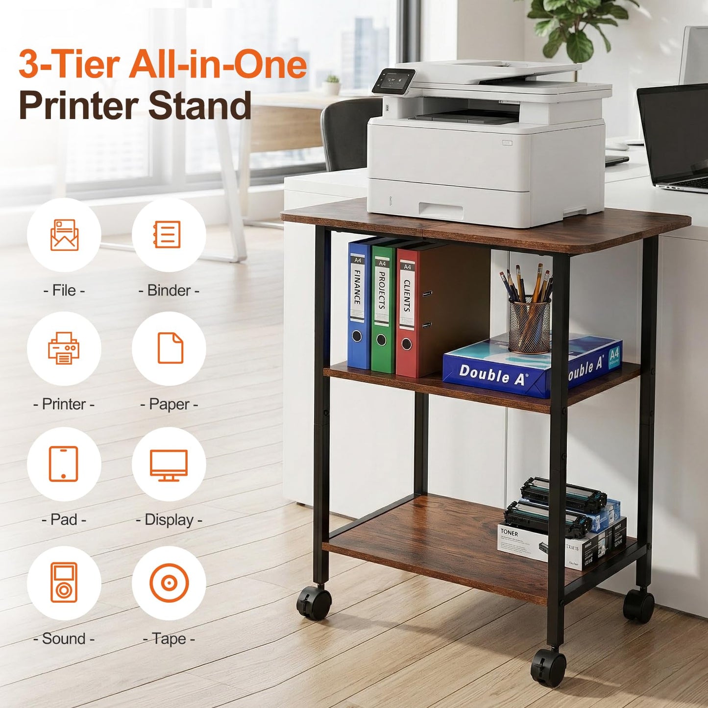 King Oasis 3-Tier Printer Stand with Wheels, Industrial Mobile Printer Cart with Storage Shelf for Home Office Organization, 3D Printer, Side Table for Living Room, Bedroom, Rustic Brown