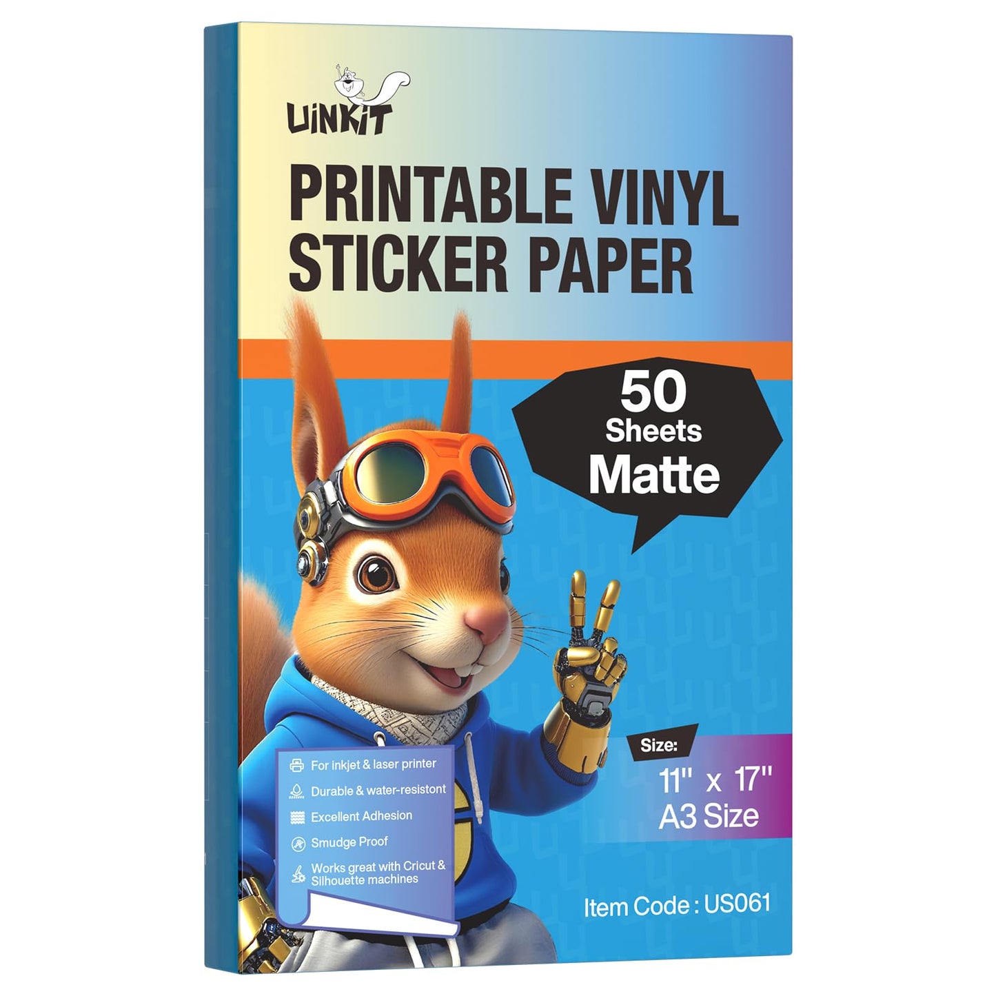Uinkit Matte Sticker Paper 50 Sheets - Printable Vinyl Sticker Paper for Inkjet & Laser Printers, Waterproof Tear-Resistant Decals for Crafts, Labels & Small Projects (11"x17")