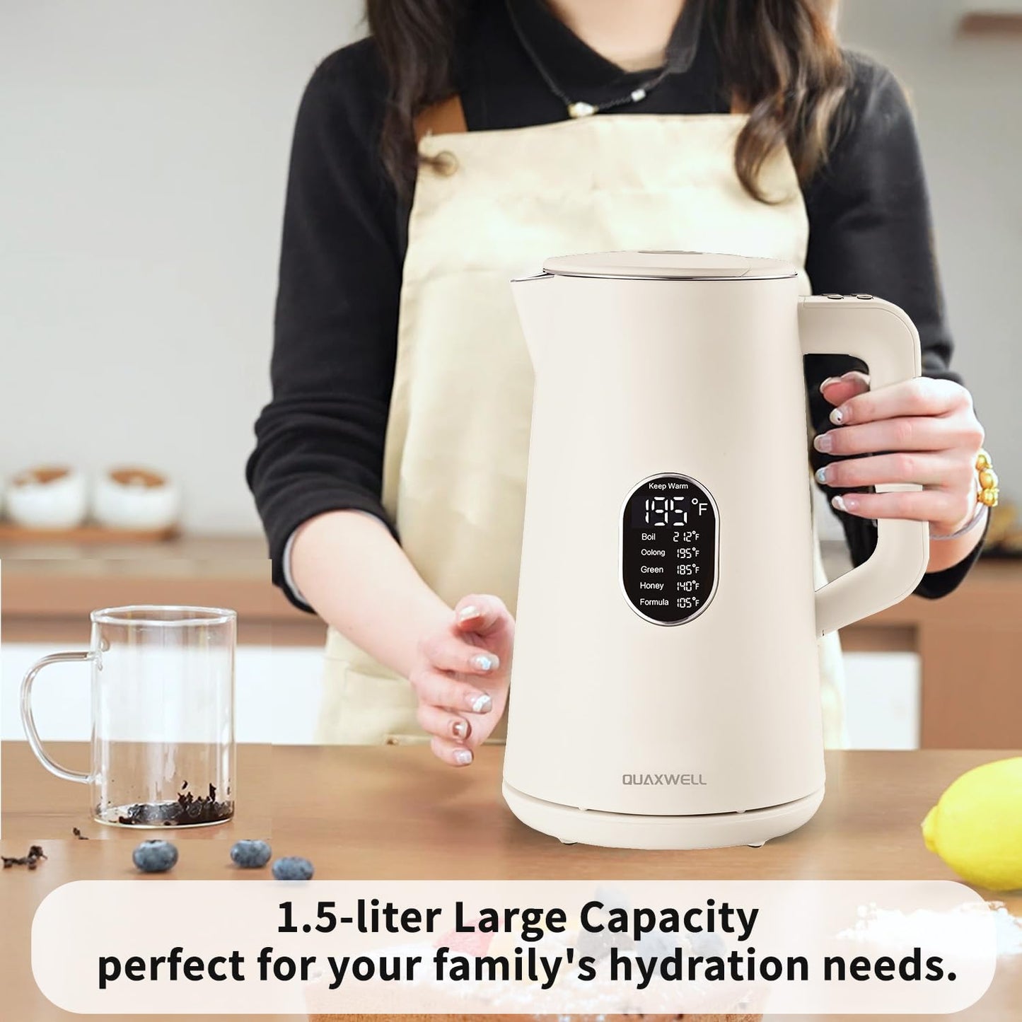 QUAXWELL 1.5L Electric Kettle Stainless Steel, Double Wall Cool Touch Teapot, Fast Boil,5 Temperature Control, LED Display, Auto Shut-Off,Keep Warm Function,Cream White