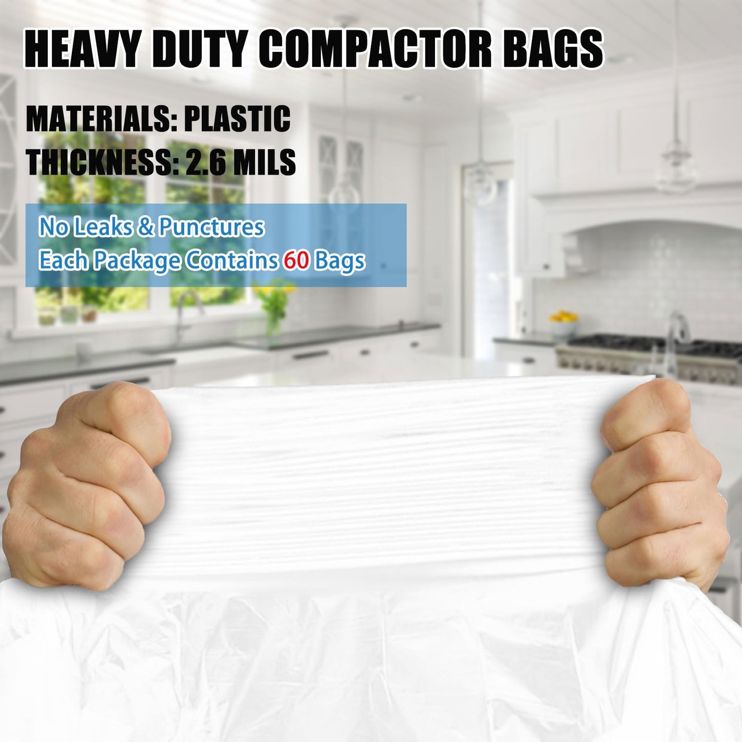 Miumoon 60-pack Trash Compactor Bags with Pre-punched Holes for Attaching, 2.6 mils Heavy Duty Trash Compactor Bags, Fits 15-inch Rectangular Drawer Compactors, Twist Ties Included, White