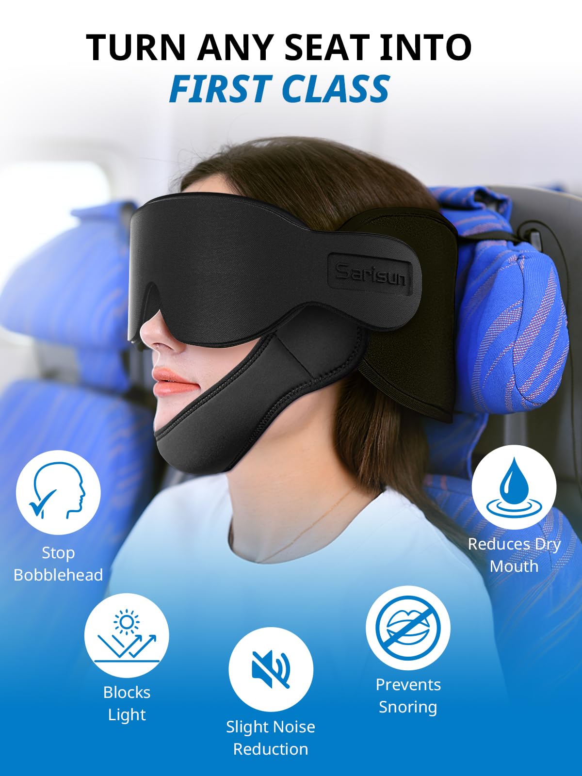 SARISUN Travel Pillows for Airplanes with Sleep Eye Mask, Chin Strap, Airplane Pillow for Long Flights, Car Road Trip, 360° Support Headrest, Travel Essentials Stop Bobblehead, Mottled Blue