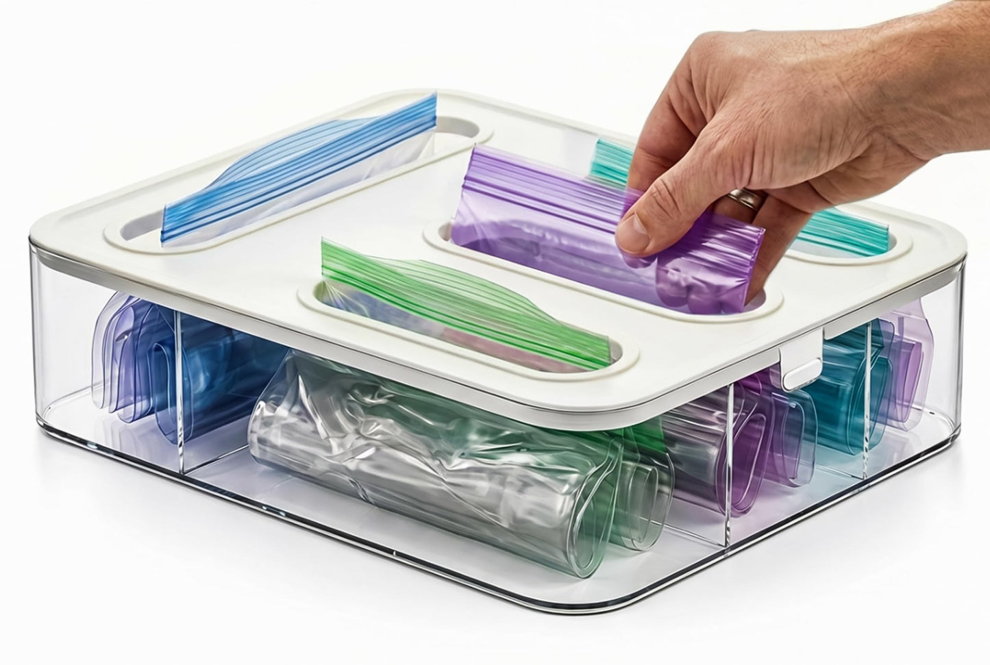 HIMUS Food Storage Bag Organizer - 4 in 1 Plastic Baggie Organizer for Drawer | Compatible with Sandwich, Snack, Gallon, Quart & Slider | Plastic Bag Organizers Kitchen Storage| Wall & Drawer Mount