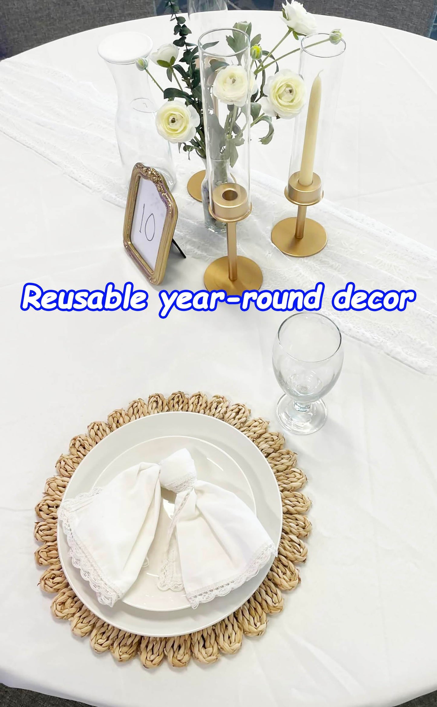 DELAQIKO 13.8" Round Corn Husk Placemats | Boho Woven Rattan Table Mats | Natural Spring Farmhouse Plate Chargers | Handmade Rustic Wicker Place Mats for Christmas Wedding (Set of 8)