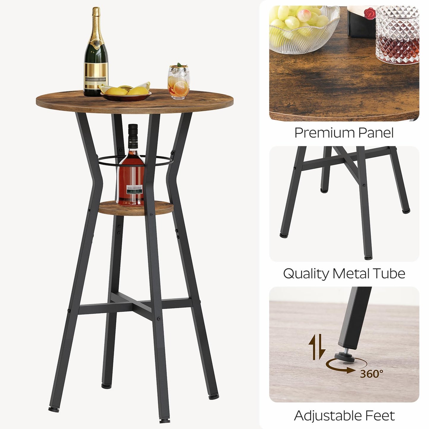 YATINEY Bar Table, 2-Tier Round High Top Table, Pub Table, Home Bar Counter Height Tables, Bistro Tables, for Kitchen, Living Room, Meeting Room, Pub, Rustic Brown and Black BT03BR