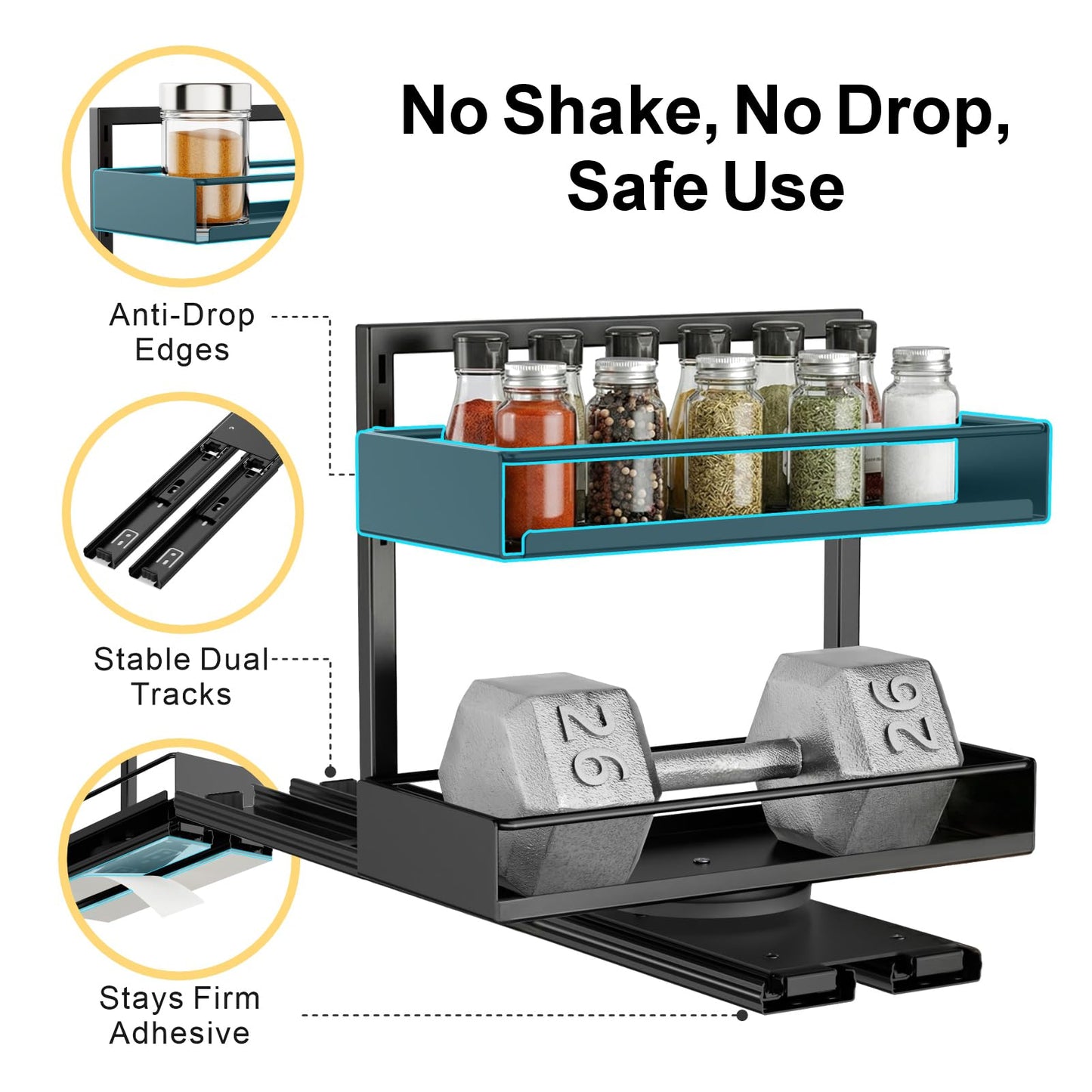 iSPECLE Pull Out Spice Rack - 2 Pack Rotate Peel and Stick No-Drill Vertical Spice Rack Organizer for Cabinet Easy Access Spices, Adjust Height for 4oz to 8oz Spice Jars Inside Kitchen Pantry Cabinet