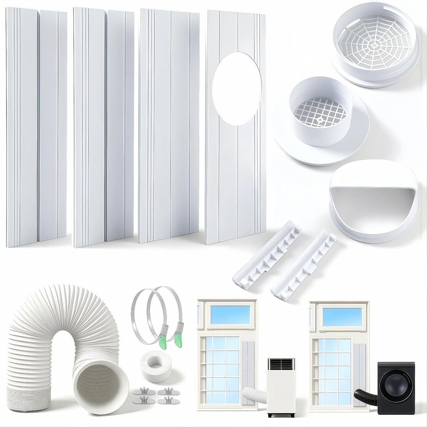 2026 Upgraded Portable Air Conditioner Window Kit with Exhaust Hose, Universal 4.0/5.1/5.9 Inch Seamless Window Vent Kit for AC & Dryer, 17" to 60" Adjustable Window Seal kit with Rain Guard & Mesh