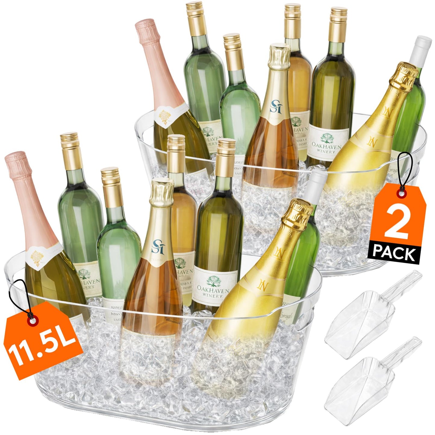 Lifewit 11.5L Ice Bucket for Parties 2 Pcs, Large Portable Drink Bucket for Cocktail Bar, Champagne Cooler for Beverage/Wine/Beer, Mimosa Bar Supplies Chiller Tub with Scoop 38 x18x20 cm/15x7x8 inches