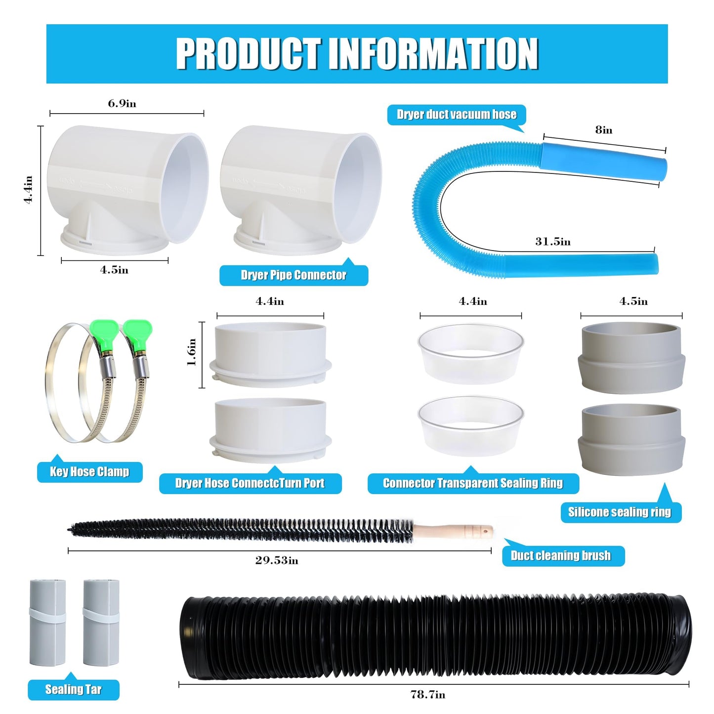 Upgrade Dryer Vent Hose for Tight Space, Dryer Vent Hose Kit, 90 Degree Dryer Vent Elbow with Dual Silicone Seal Connector, Dryer Cleaning Kit, High Sealability, Dryer Vent Vacuum Hose Attachment