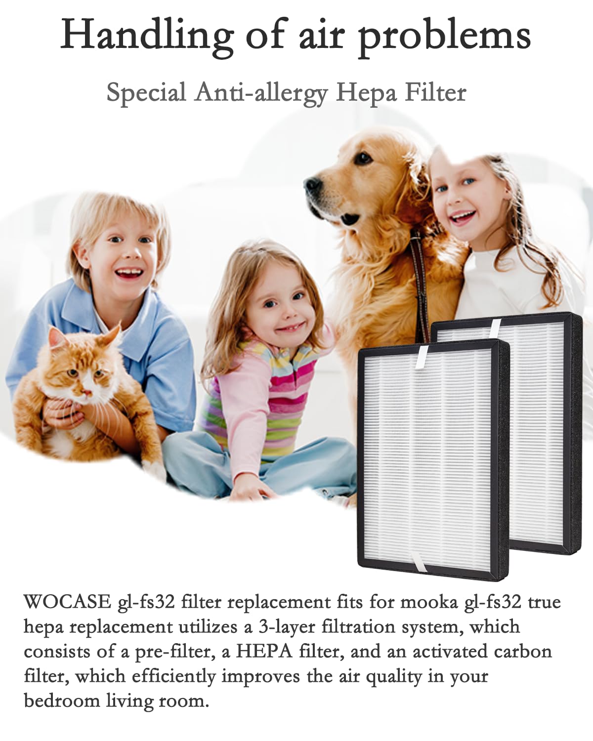 WOCASE 2-Pack GL-FS32 Replacement Filter, 3-in-1 H13 True HEPA Filtration Compatible with MOOKA®/KOIOS® GL-FS32 and Azeus® GL-FS32 Air Purifier