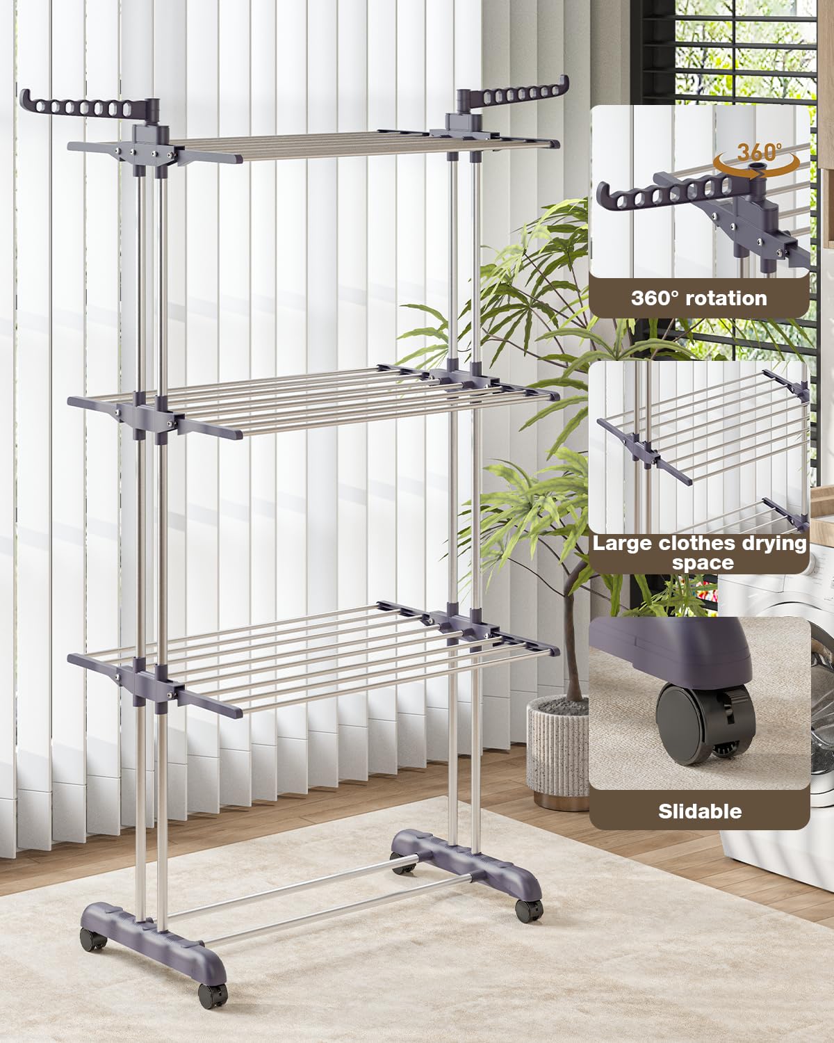 Bigzzia Clothes Drying Rack Folding Drying Rack Clothing 4 Tier Clothes Horses Rack Stainless Steel Laundry Drying Rack with Two Side Wings Grey