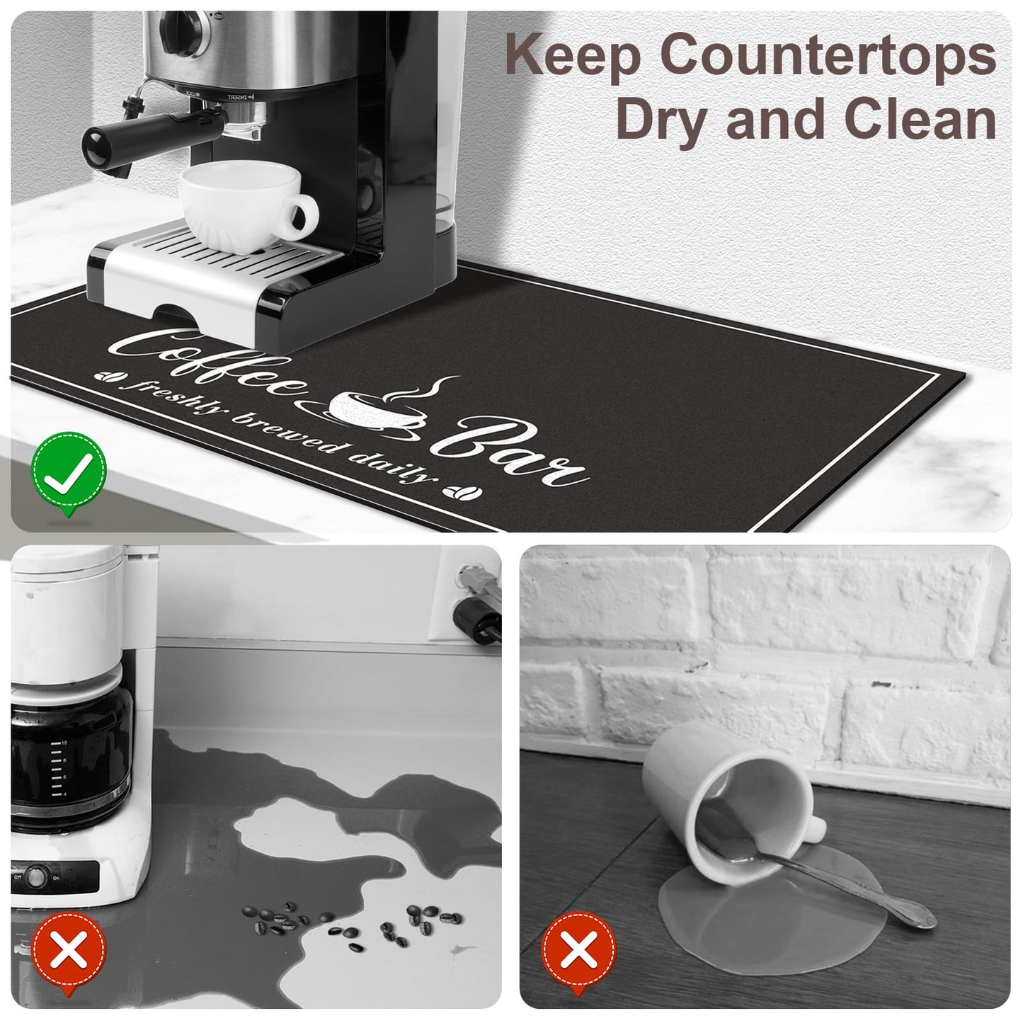 CooRug Absorbent Coffee Mat, Fashion Dish Drying Mat for Kitchen Counter Coffee Bar Accessories Espresso Machine Dish Rack 17" x 32" Black