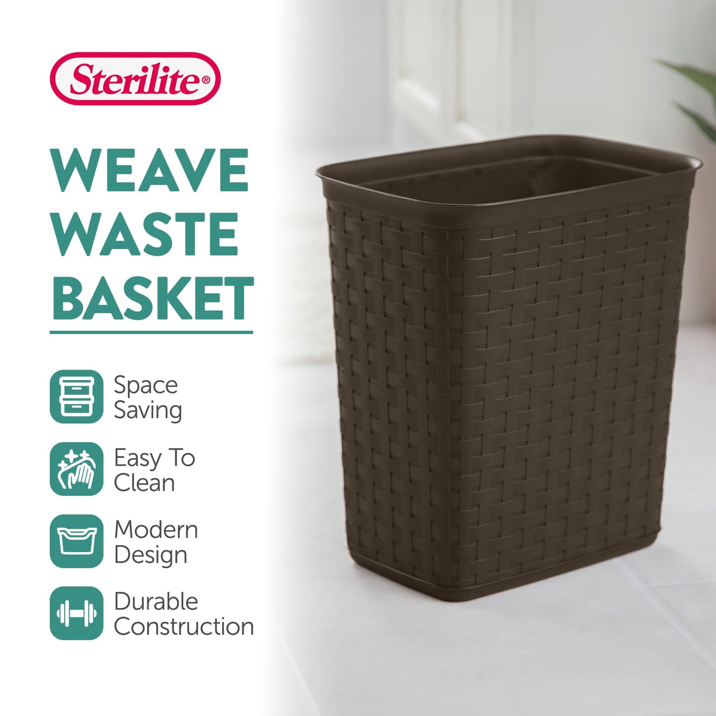 Sterilite 3.4 Gallon Weave Wastebasket, Small, Decorative Trash Can for the Bathroom, Bedroom, Dorm Room, or Office, Espresso Brown, 6-Pack