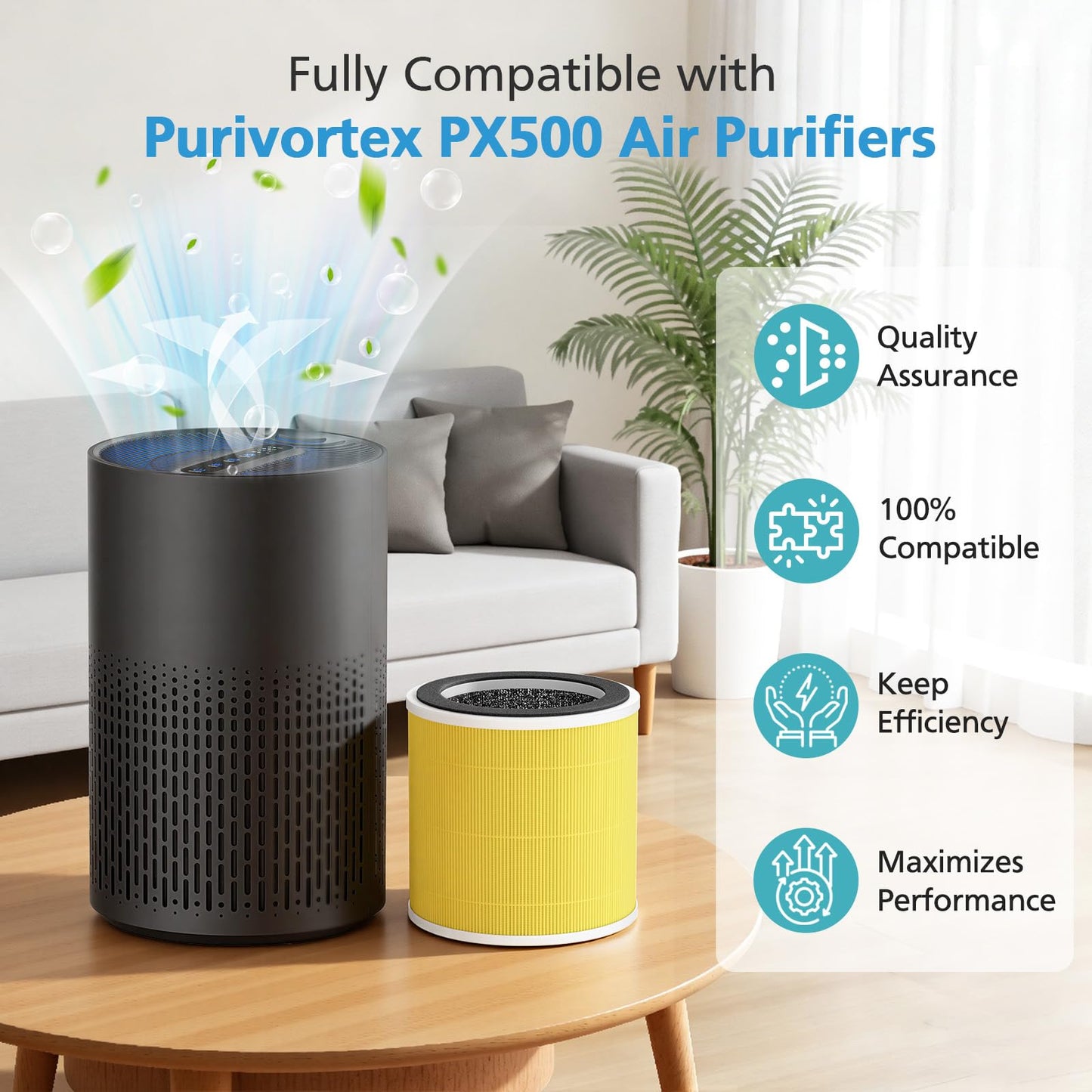 2 Pack PX500 Pet Care Replacement Filter Compatible with Purivortex PX500 Air Purifier, 3-in-1 HEPA Filter for Home Large Room, Yellow