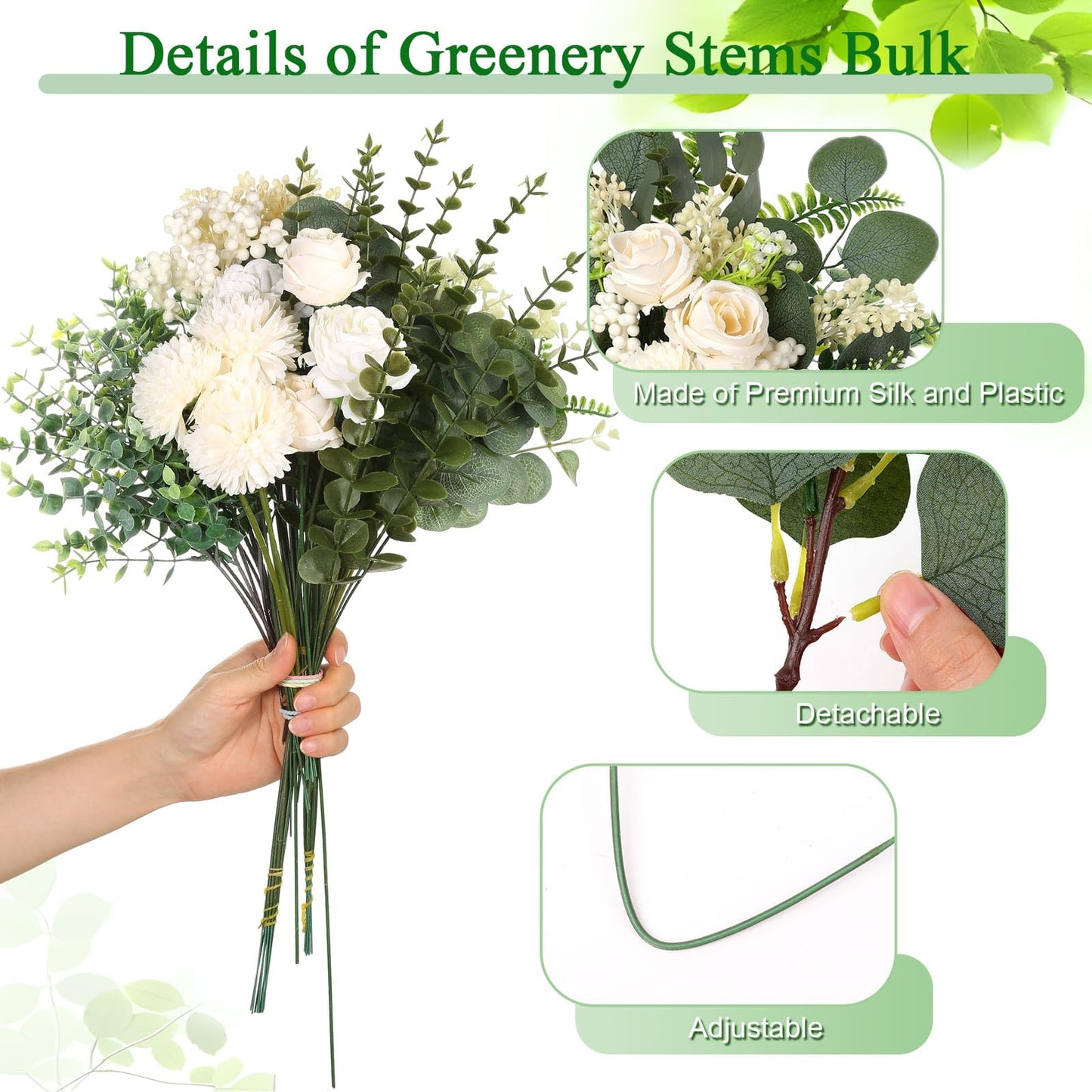120Pcs 15 Kinds Mixed Artificial Eucalyptus Leaves Stems and Faux Flowers Bulk, Fake Silver Dollar Eucalyptus Bundle Plants Greenery Branches for Wedding Vase Bouquets Floral Arrangement Home Decor