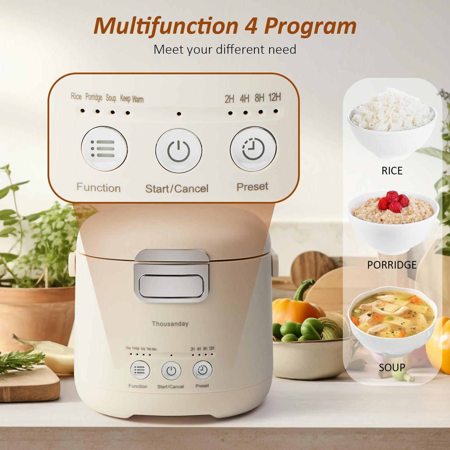Mini Rice Cooker, Small Rice Cooker 2 Cup Uncooked(4 Cup Cooked), Portable Non-stick Electric Rice Maker, for Dorm Travel Office 1-2 Person, 12 Hours Timer Delay & Keep Warm, Beige
