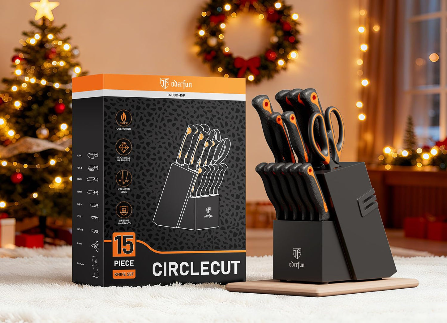 ODERFUN Knife Block Set -15 PCS Dishwasher Safe Kitchen Knife Set, High Carbon Stainless Steel, Razor-Sharp knives set with sharpener, Non-Slip Handles, Elegant Box for Her Him Women Dad Father