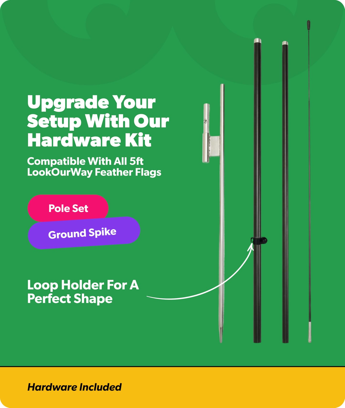 LookOurWay Feather Flag Pole Kit - 7 Feet Tall Advertising Banner with Fiberglass Pole Set and Ground Spike for Business Promotion - Real Estate Flags - For Rent