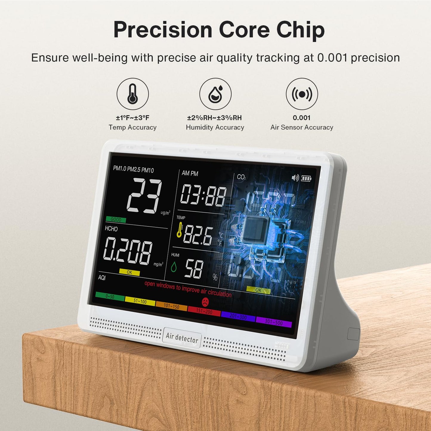 16 in 1 Air Quality Monitor Indoor 7" Display 9 AQI+7 AQI Alerts Air Quality Meter for CO2, TVOC, PM2.5 PM1.0 PM10, HCHO, Temperature Humidity AQI & Time, Air Detector Air Quality Tester for Home