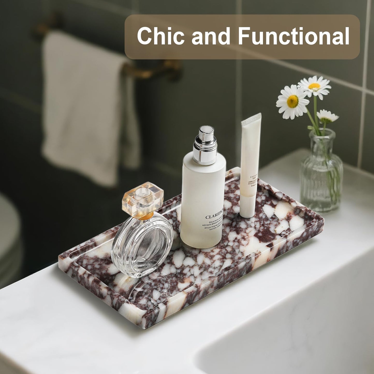 Natural Marble Vanity Tray - Moujings Genuine Marble Perfume Tray for Bathroom Decor, Stone Bathroom Vanity Organizer Tray for Kitchen Counter, Candles, Jewelry, Coffee, Makeup, Key
