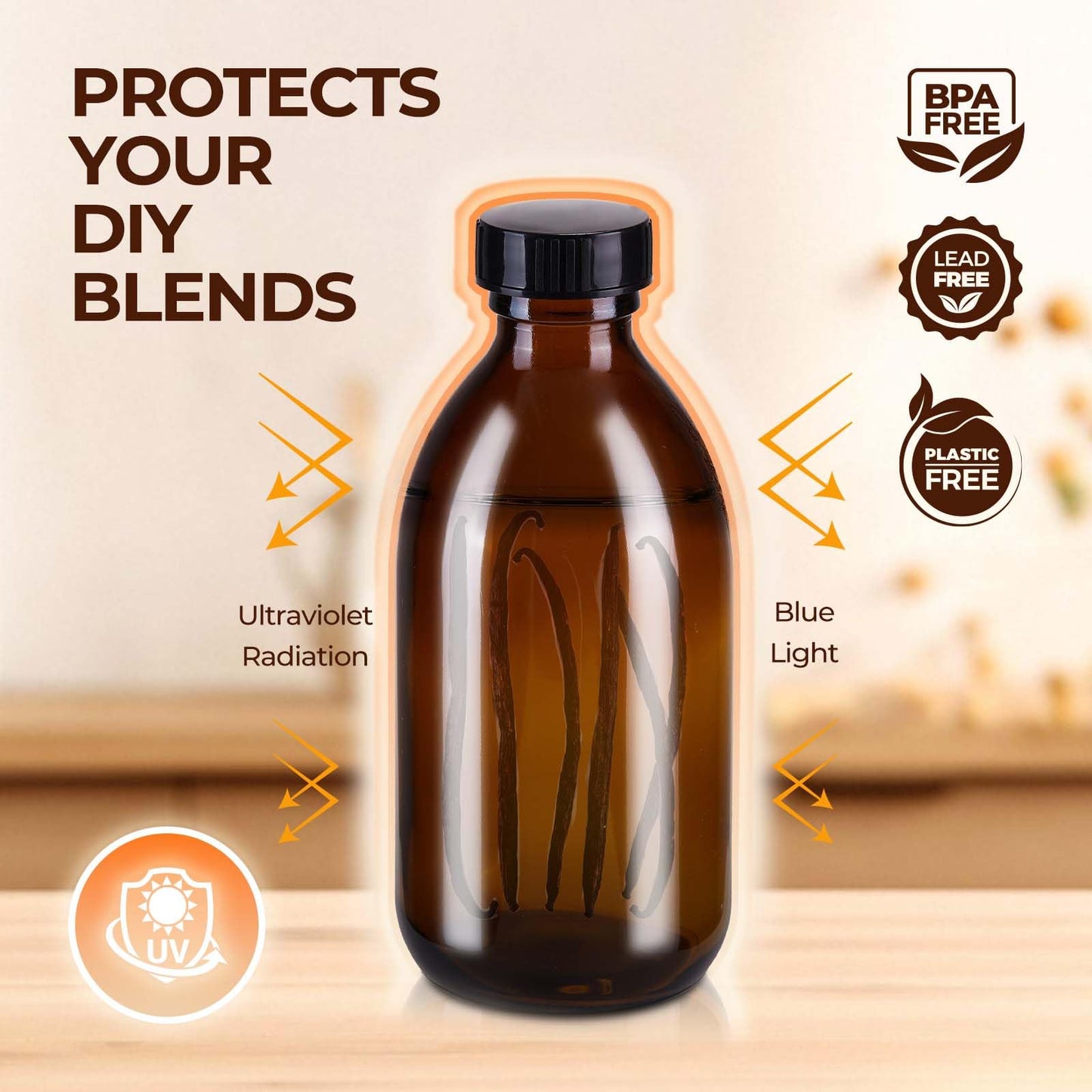 Elumeiro 24 Pack 8 OZ Amber Glass Bottles with Lids, Leakproof Glass Bottles for Vanilla extract, Shampoo, Tinctures, Essential Oils, Homemade Hot Sauce, Syrup, Boston Round Brown Bottle
