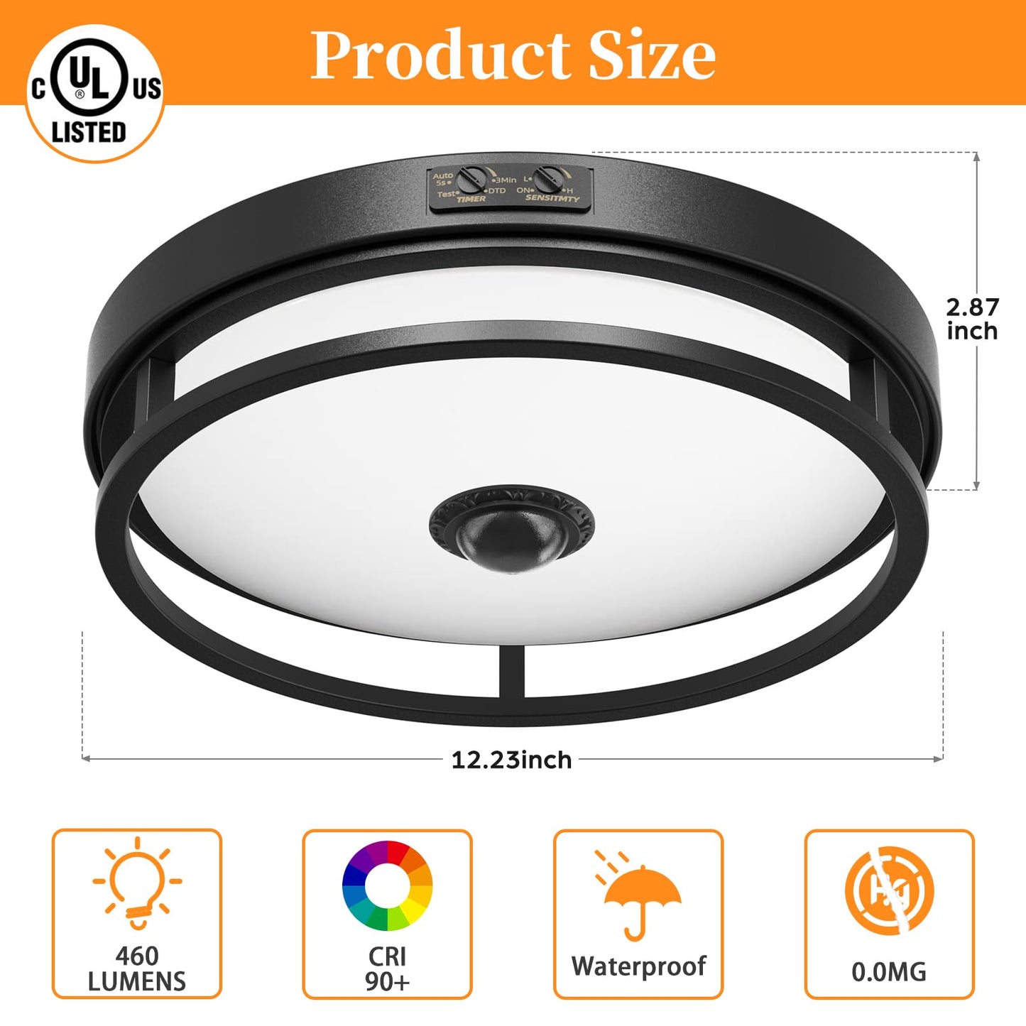 OYKYOHEI Motion Sensor Outdoor Ceiling Light, Flush Mount LED Ceiling Light Fixture, 12" Dusk to Dawn Porch Lights for Outdoor Ceiling, Black Ceiling Lamp for Entryway, Garage, Hallway