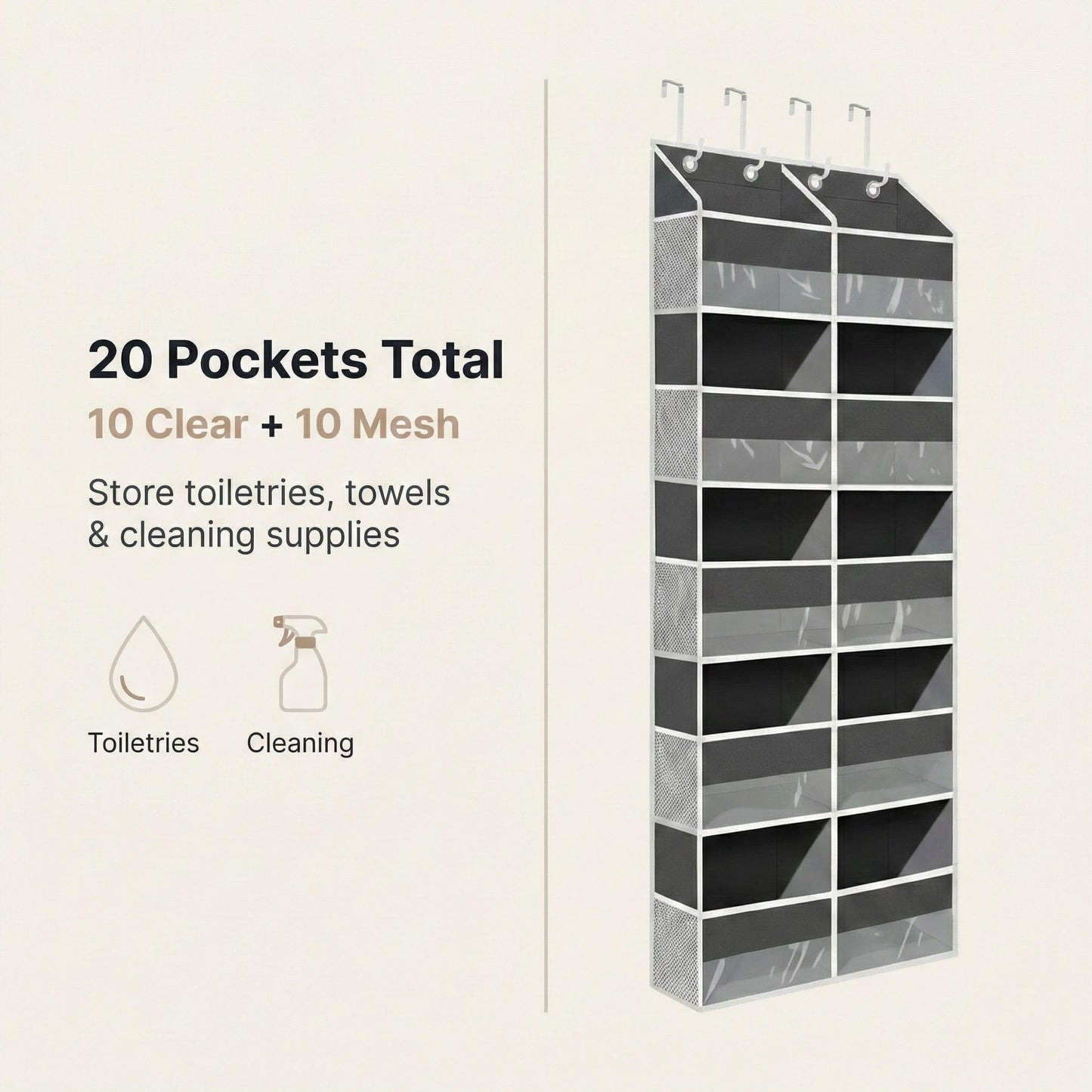 Camkey 10-Pocket Over the Door Organizer with Heavy-Duty 600D Oxford Fabric, Upgraded Hooks with Silicone Protectors for Dorm, Closet Storage, Bedroom, Bathroom
