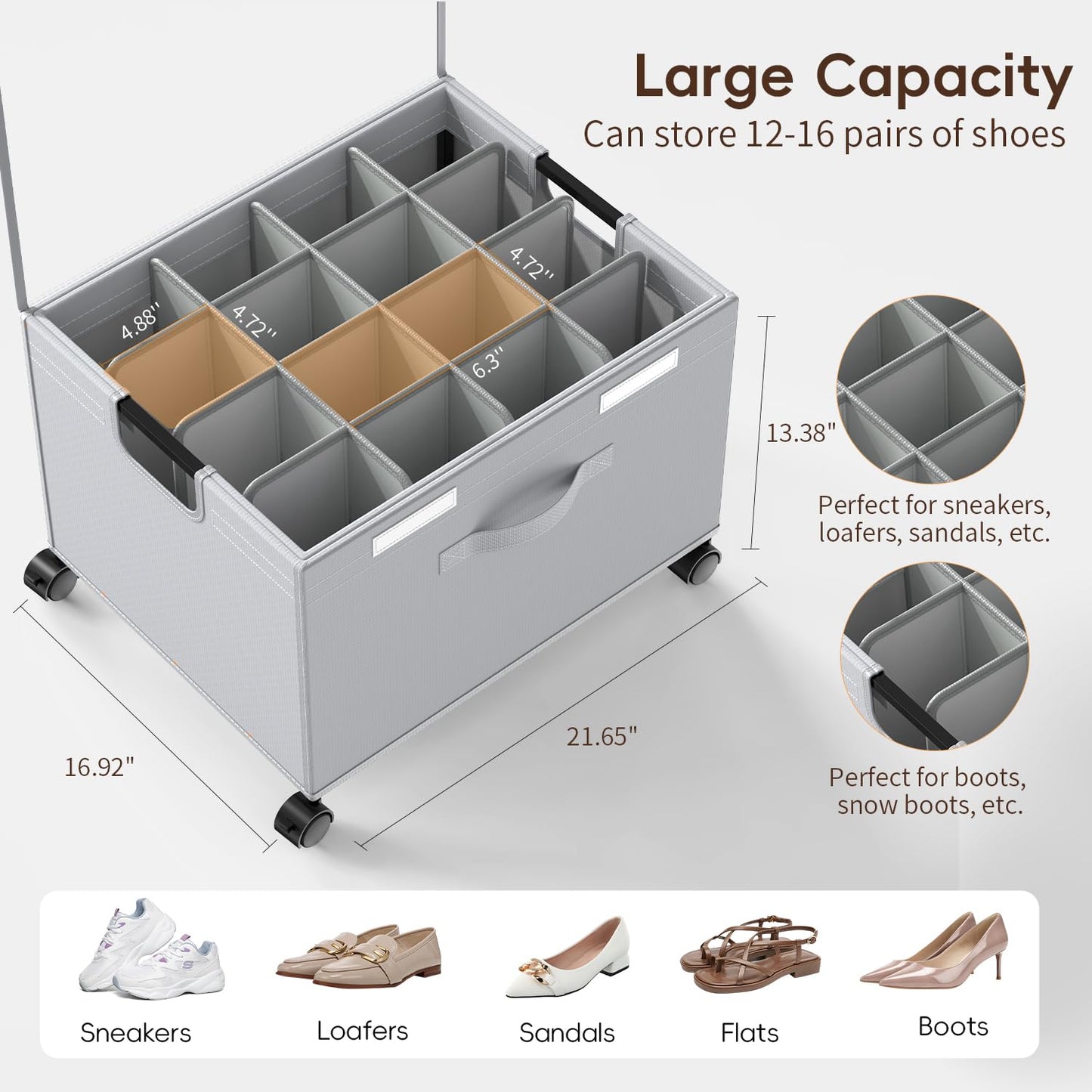 HOUSE AGAIN Shoe Organizer for Closet, 2 Pack Foldable Shoe Storage Organizer Box with Wheels and Adjustable Dividers, Sturdy Metal Frame Fits up to 16-32 Pairs, Large Shoes Storage with Clear Cover