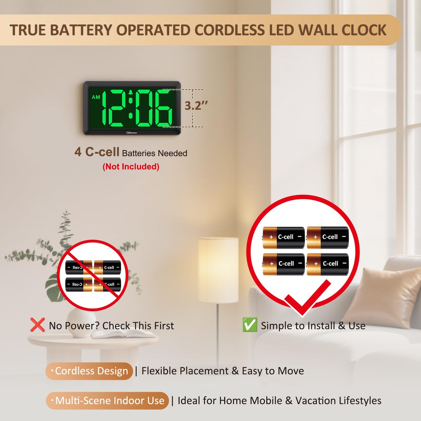 Soobest 9.5 Inch Large Digital Wall Clock Battery Operated, Auto & Manual Dimmer Display, Easy to Read Big Digits with Alarm for Seniors, Modern Decor for Living Room, Bedroom, Office (3.2" Numbers)