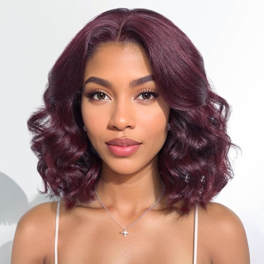 13X6 14inch 99J 230%Density Bob Body Wave Burgundy Wig Human Hair Red Bob Wig Human Hair Dark Burgundy Body Wave Bob Lace Front Wigs Pre Plucked With Baby Hair HD Transparent Lace Frontal Wig