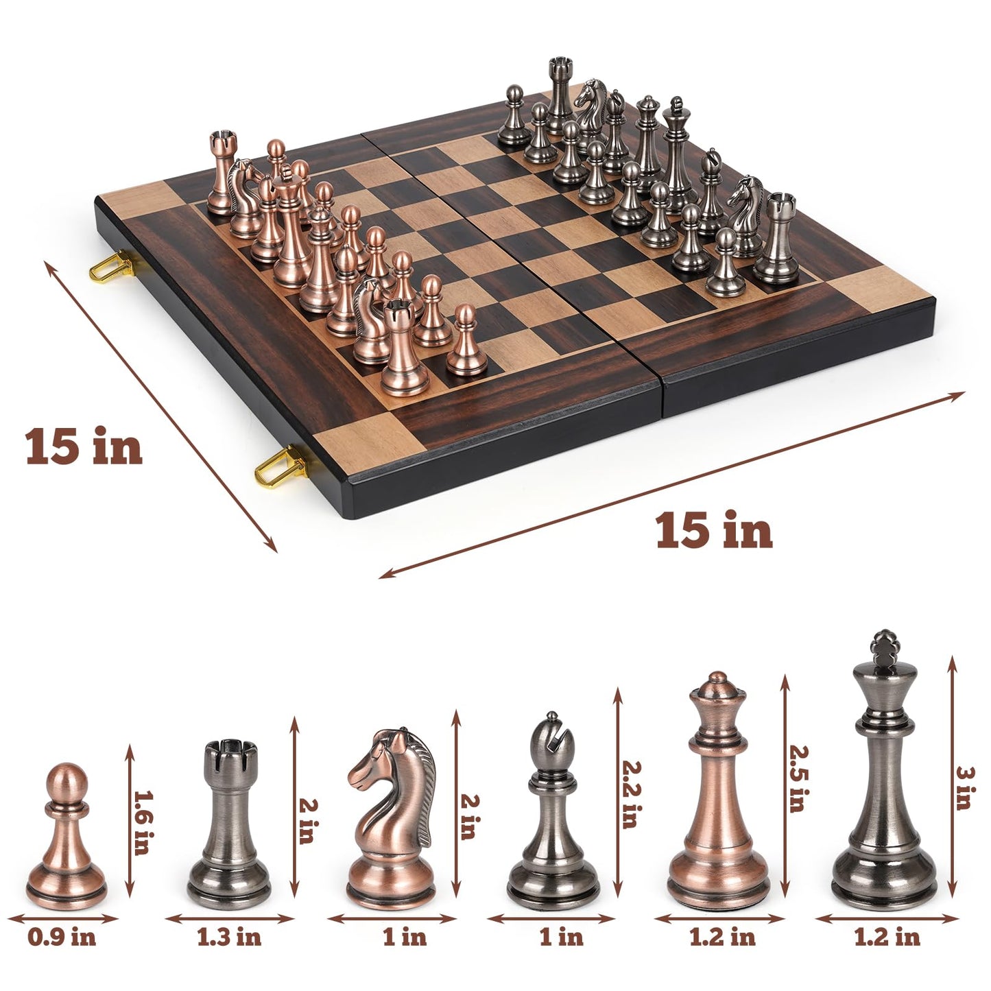 15-Inch Large Metal Chess Set for Adults and Kids with Metal Chess Pieces – Foldable Wooden Board with Storage, Portable Classic Game Set for Travel & Home, Elegant Gift for Chess Enthusiasts