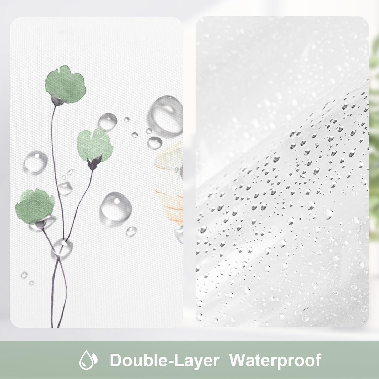Gibelle 3 in 1 Shower Curtain Set, Sage Green Watercolor Floral Bath Curtain and PEVA Liner Set with 12 Double Sided Steel Hooks, Waterproof Fabric Bathroom Curtain 72x72