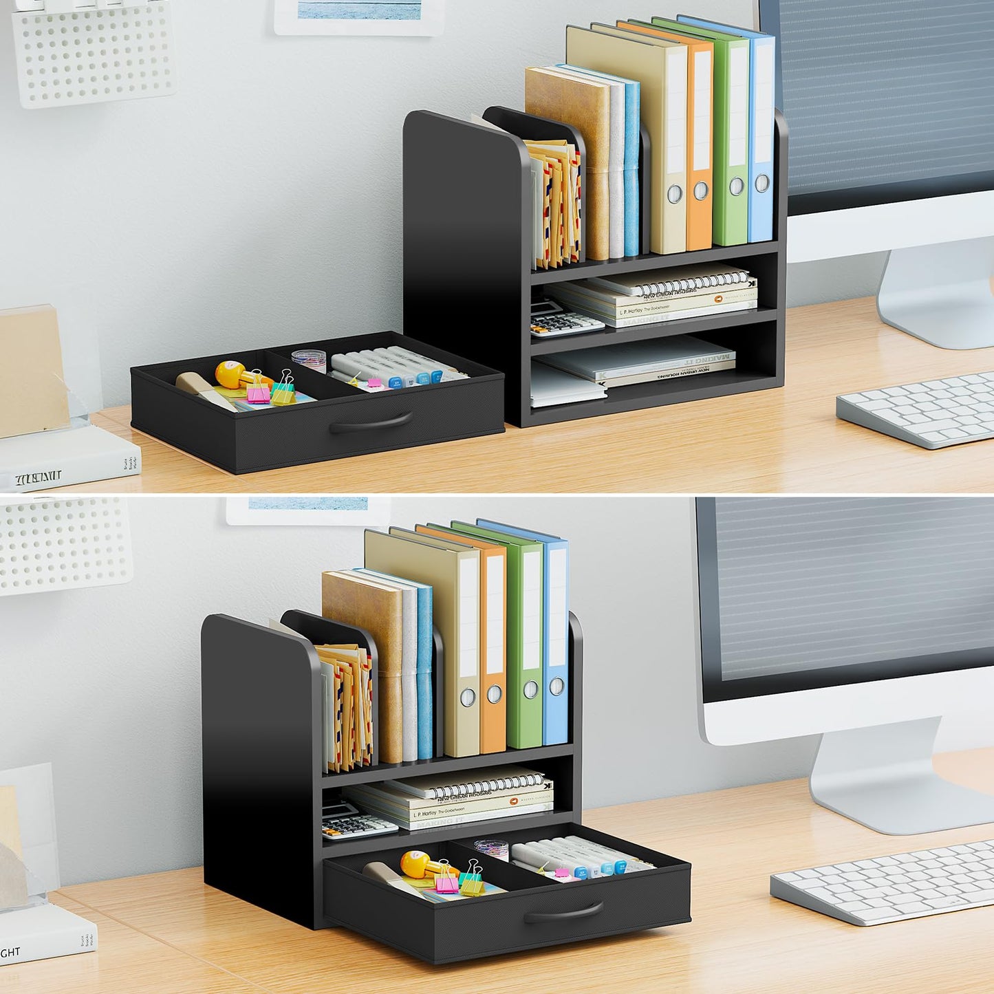 NiOffice Desk File Organizer for Home, Office, School, Wooden Frame Desktop Storage Solution for Office Supplies, Documents, Papers, Folders and Stationery, Space-Saving and Stylish Document Sorter