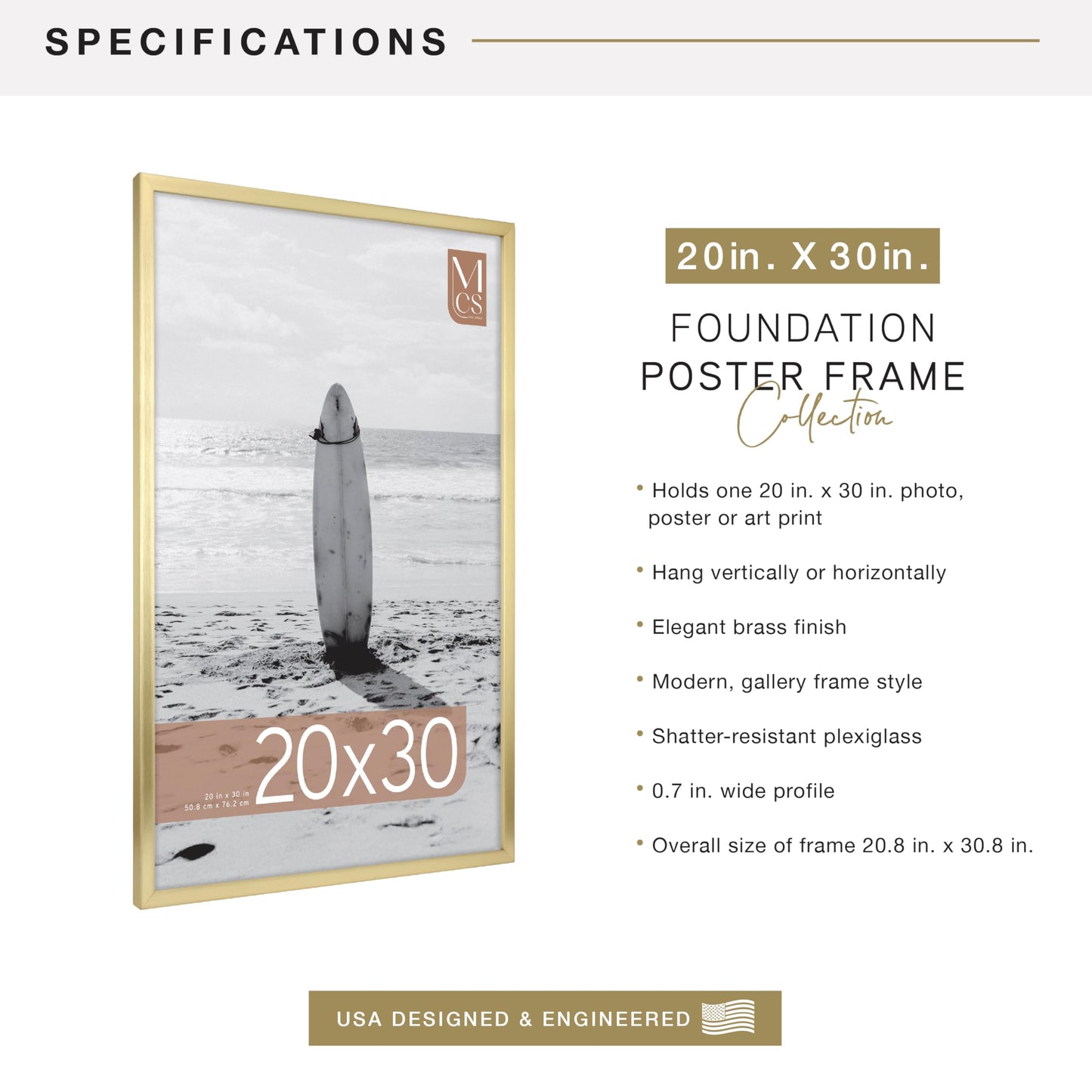 MCS Foundation 20x30 Poster Frame Traditional Brass, Vertical & Horizontal Wall Hanging Large Picture Frame for Photos, Posters & Art Prints (1-Pack)