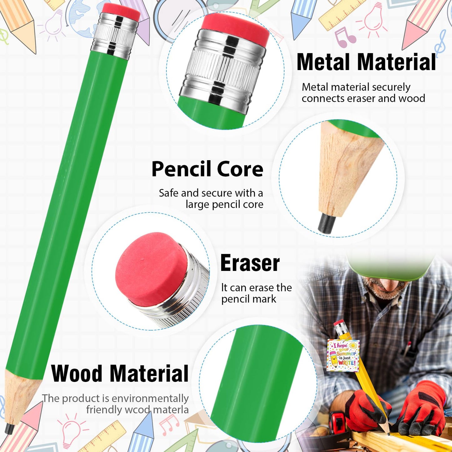 Humyoun 24 Sets End of the Year Student Gifts 13 Inch Big Wooden Jumbo Pencils Set of Giant Pencil Prop with Summer Greeting Card Large Pencils with Cap Preschool Kindergarten Graduation Gift