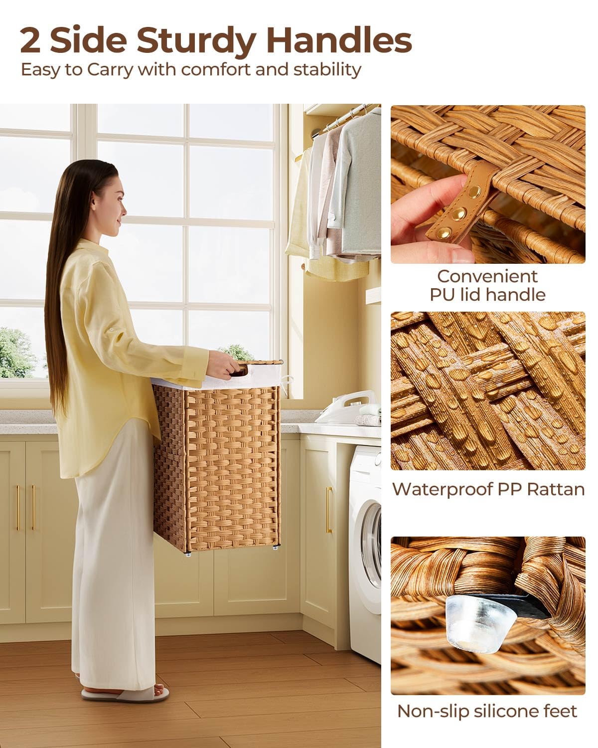 Greenstell Laundry Hamper with lid, No Install Needed, 110L Wicker Laundry Baskets Foldable 2 Removable Liner Bags, 2 Section Clothes Hamper Handwoven Rattan Laundry Basket with Handles, Natural