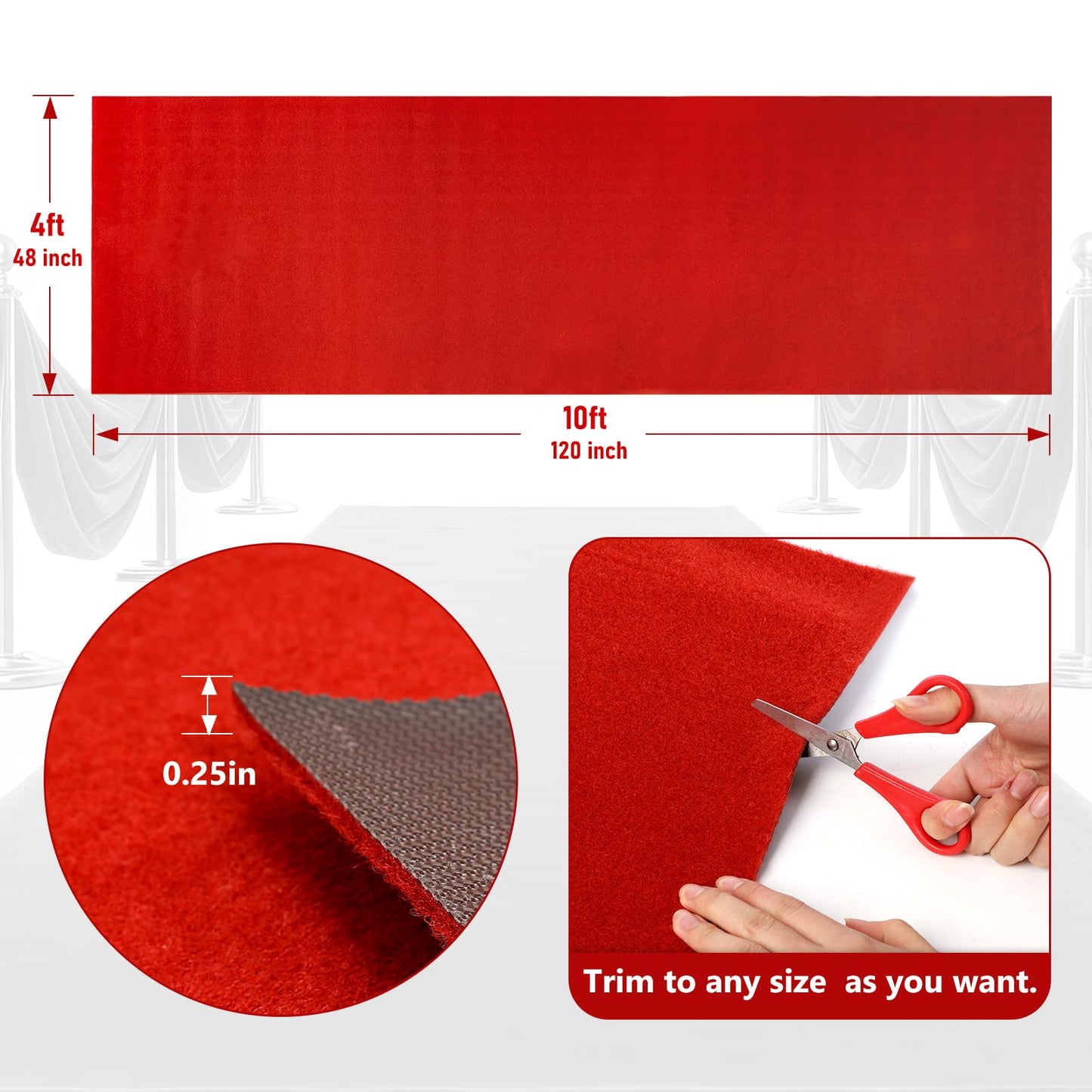 PBHEPJ 4ft x 10ft Extra Thick Red Carpet Runner for Party & Hollywood, Festival Celebration, Wedding, Graduation Ceremony, Award Ceremony, VIP Reception, Heavy-Duty, Non-Slip TPR Rubber