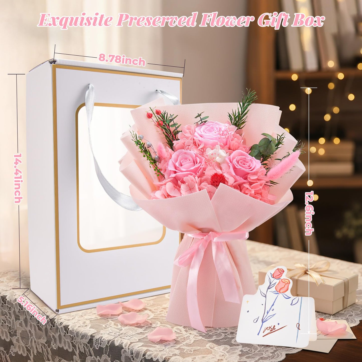 Gnifot Preserved Flowers Bouquet, Flowers for Delivery,Handmade Pink Rose Bouquets Lasting 3-5 Years, Luxury Gift Box,Birthday Flowers Gifts for Women Mom Grandma Wife Friends