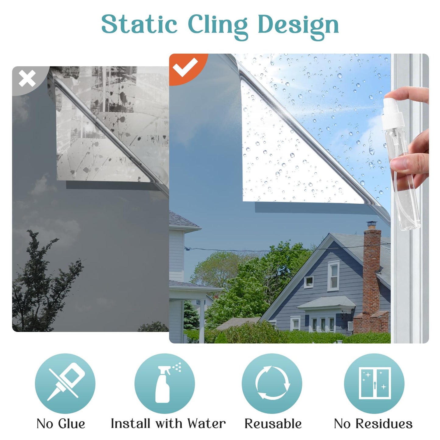 Haton Window Privacy Film One Way Window Tint for Home, Sun UV Blocking Heat Control Reflective Mirror Film, No Glue Static Cling See Out Not in Glass Door Covering, Silver, 29.5" x 157.4"