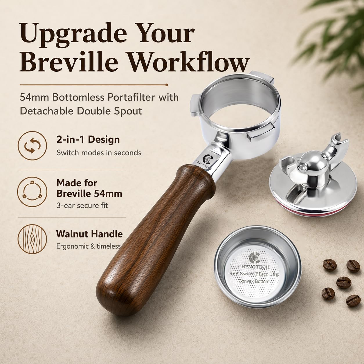 Chengtech Espresso Accessories, 54mm Bottomless Portafilter with Detachable Double Spout, 18g Convex Filter Basket, 3-Ear Design, Walnut Wood Handle, Compatible with Breville 54mm Espresso Machines