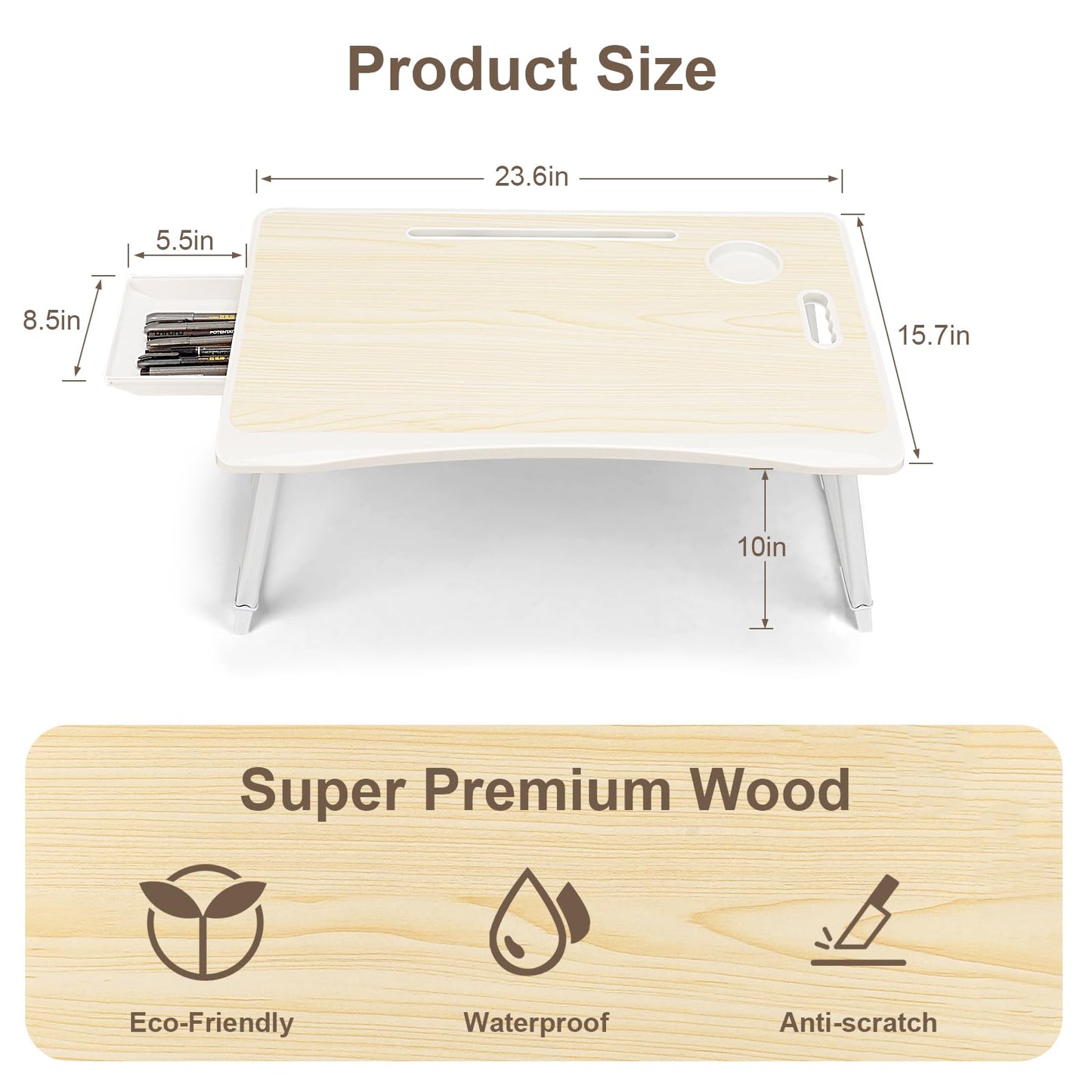 Amaredom Laptop Bed Desk Tray Bed Table, Foldable Portable Lap Desk Notebook Stand Reading Holder with Storage Drawer and Cup Holder for Eating Breakfast on Bed/Couch/Sofa-White Maple