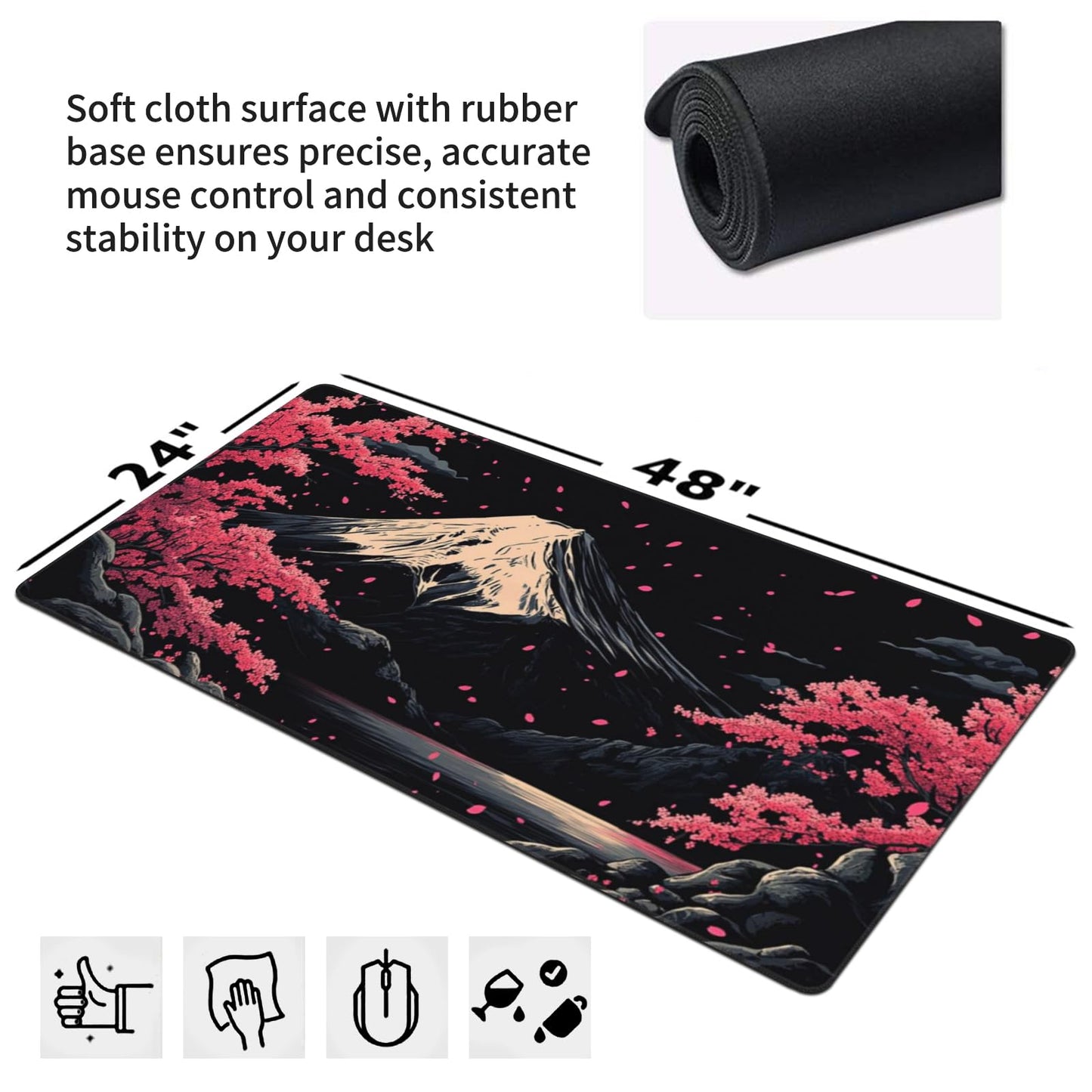 ZOCOZY Extra XXXL Japanese Cherry Blossom Gaming Mouse Pad, Watercolor Mouse Pads Keyboard Mat, Stitched Edges Mousepad, Non-Slip Rubber Base Desk Mat for Office & Home (48x24 Inch)
