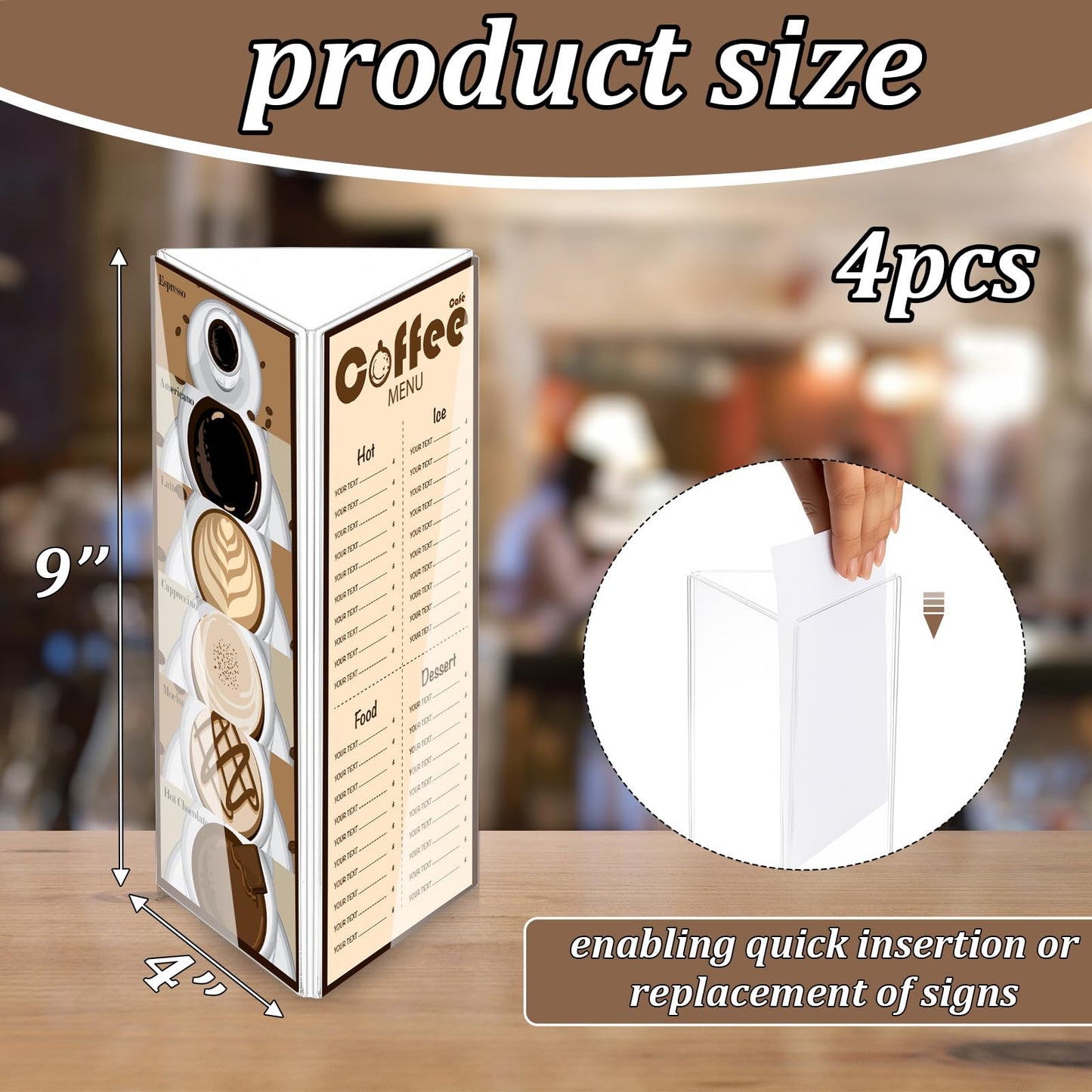 LemonSecret 4 Pack Acrylic Table Tent Sign Holder, Clear Three Sided Display Stand for Menu Flyer Promotion, Countertop Desktop Use in Restaurant Retail Office (4 x 9 Inch)