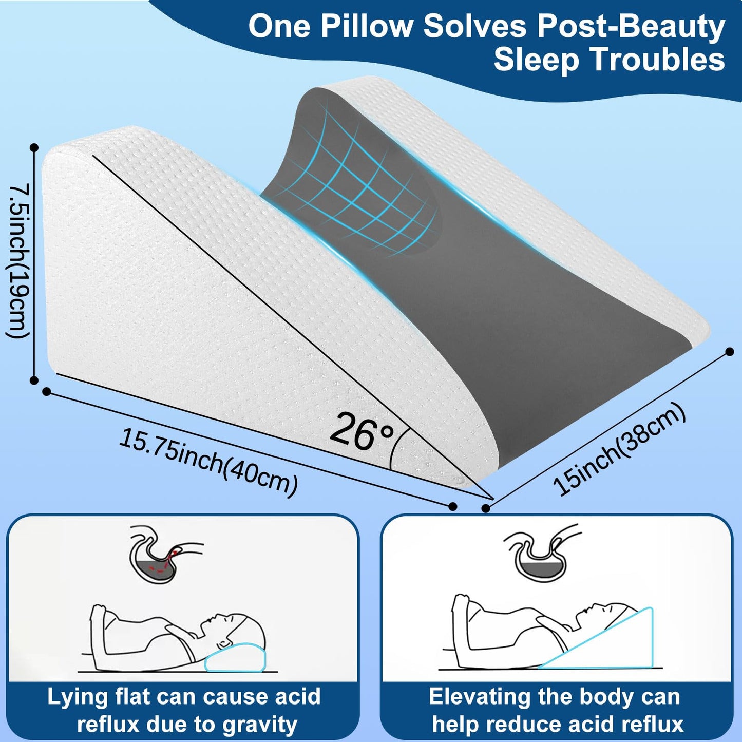 SnugSafe 26° Back Sleeping Training Pillow, Facial Surgery Recovery Pillow for Facelift, Hair Transplant, Rhinoplasty, Wrinkle Prevention & GERD, Cooling Fabric & Air Layer Fabric, Anti-Slip