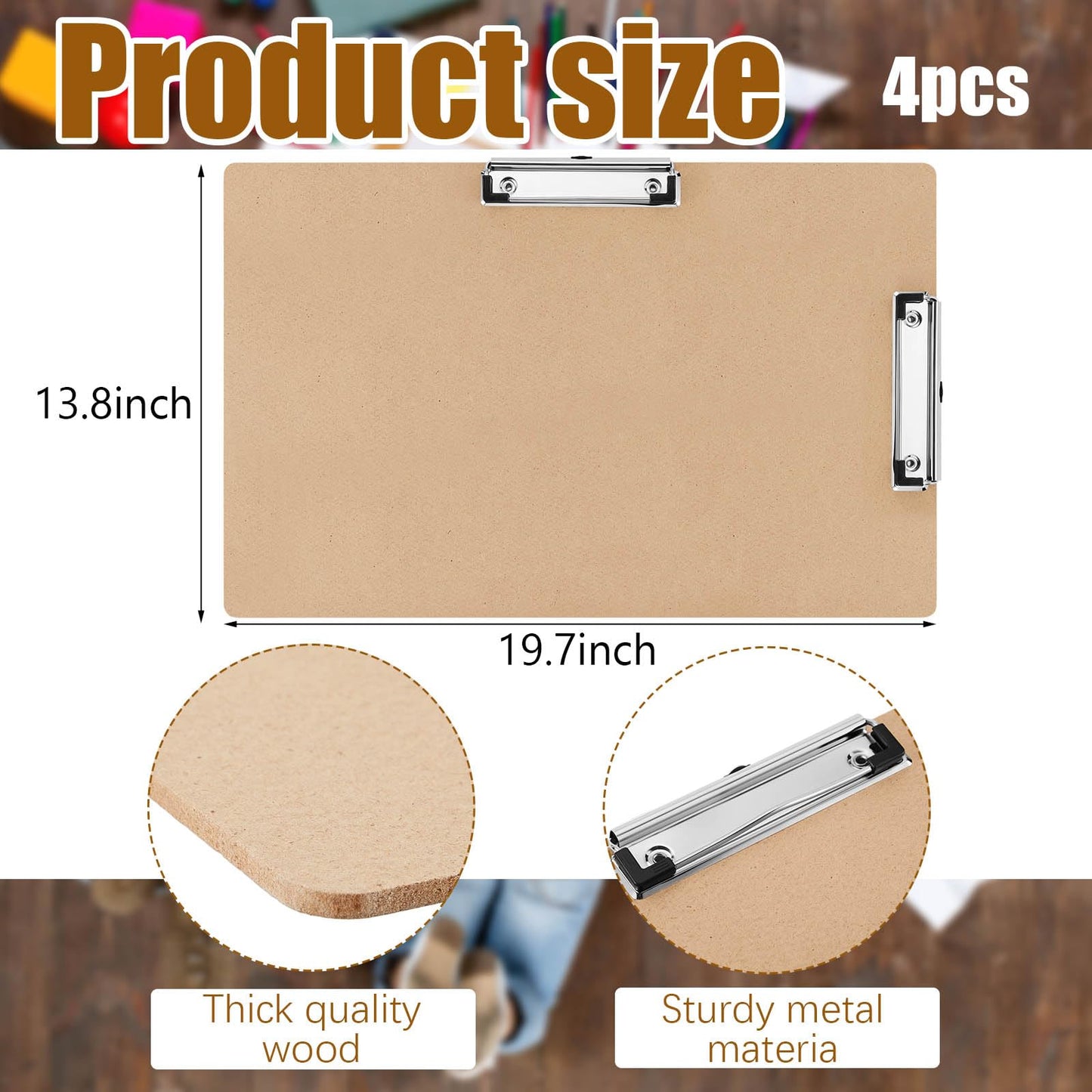 Henoyso 4 Pcs Extra Large Clipboard Wooden Lap Board with Low Profile Clip Brown Double Landscape Clip Hardboard Drawing Horizontal Clipboard for Paper Sketching Art Supplies (14x20 Inch)