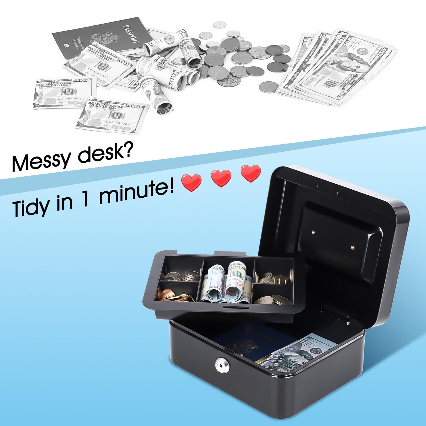 KYODOLED Metal Cash Box with Key Lock & Money Tray - Secure Safe for Home, Office & Events, Ideal for Cash, Meds & Small Items, 7.87" x 6.30" x 3.35", Black, 4 Pack