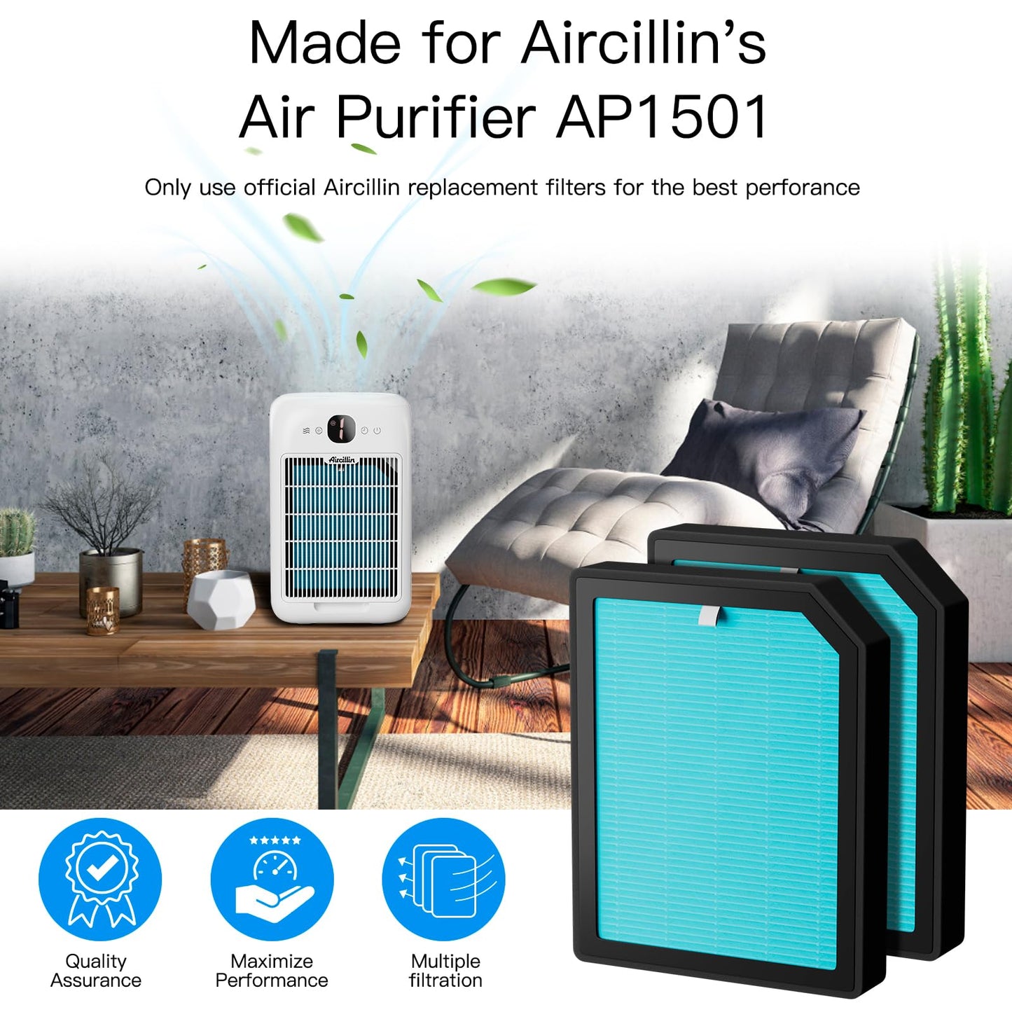 Aircillin Air Purifier AP1501 Replacement Filters 6-Pack, H13 True HEPA Filter, Activated Carbon Filter(AP1501)