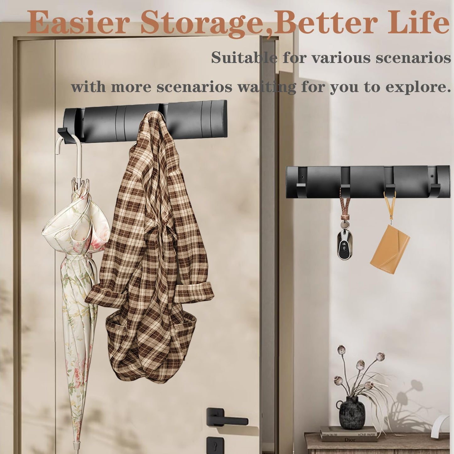 Vanloory Folding Coat Hooks, Wall Mounted Coat Rack with 8 Retractable Hooks, Heavy Duty Towel Rack for Bathroom Wall Hook for Hanging Clothes Bathrobe, Stainless Steel Coat Hanger for Entryway(Black)