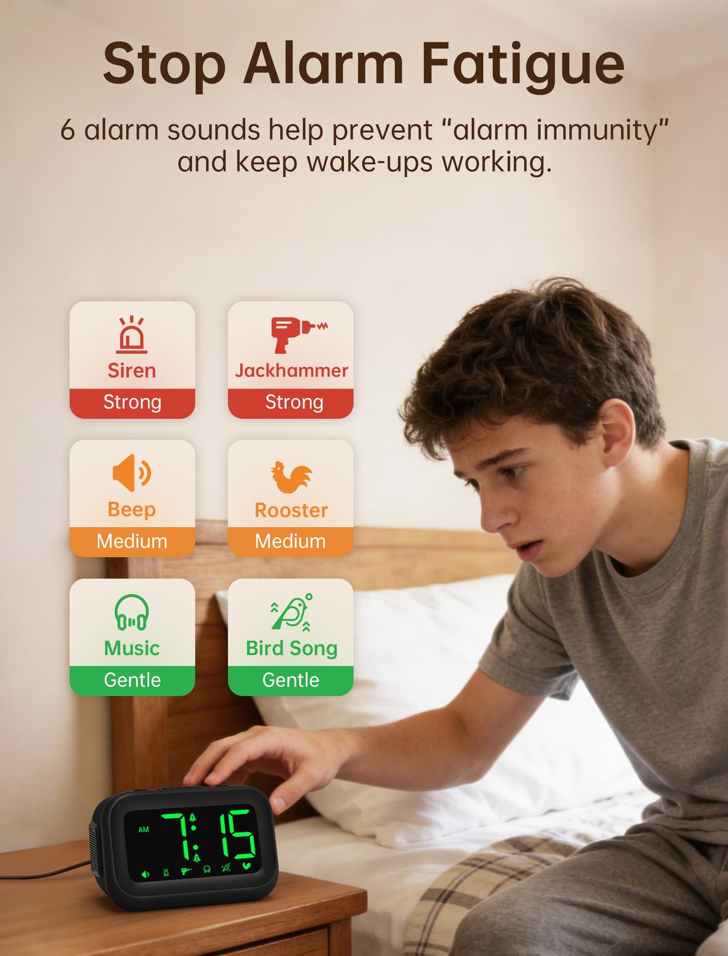 AuroraCalm Extra Loud Alarm Clock: 115dB Dual Alarms and 6 Unique Alarm Sounds for Heavy Sleepers - Adult Students for Bedroom On-Time Wake-Ups - Green Digits
