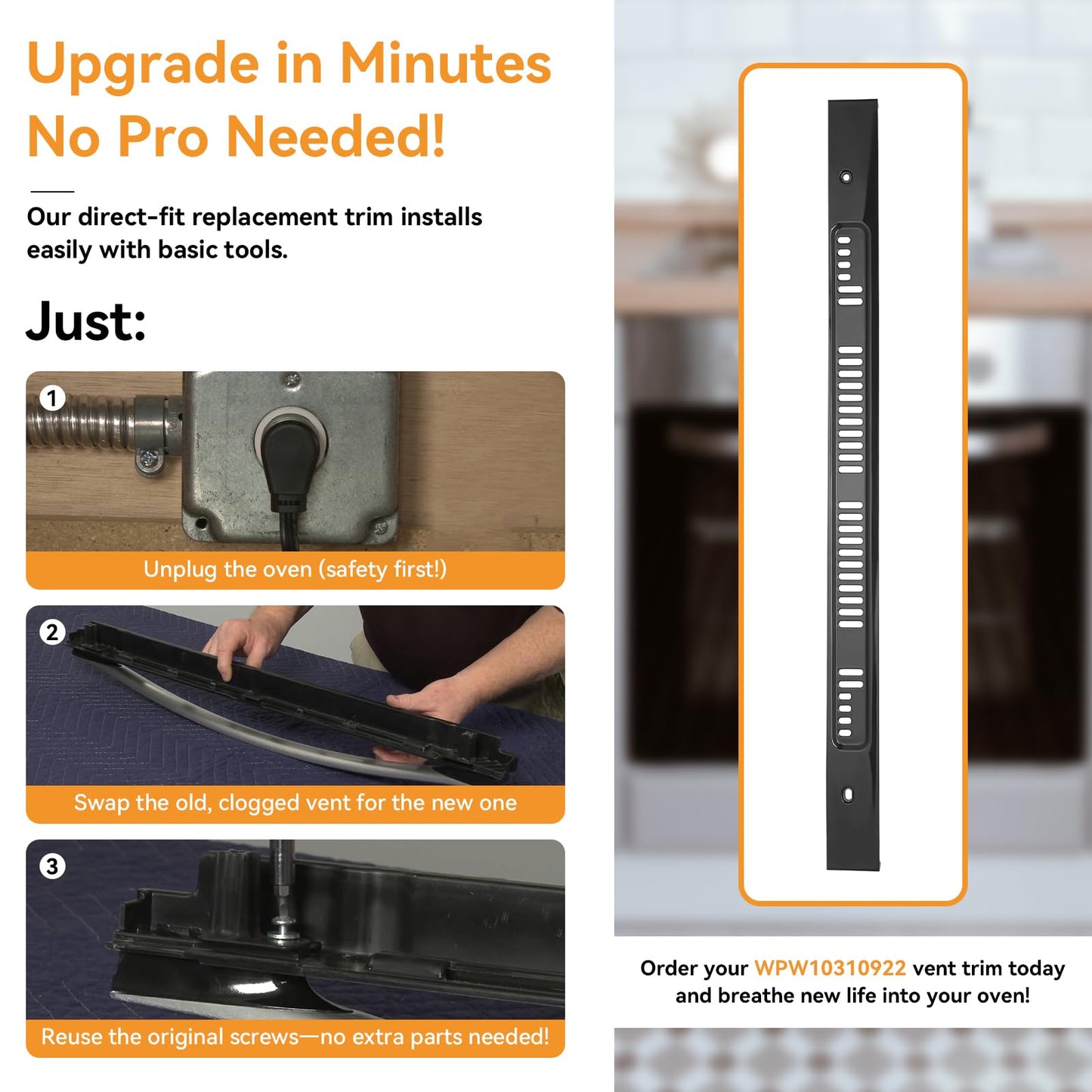 W10310922 Range Oven Door Vent Trim-Compatible with Whirlpool WPW10310922 Genuine OEM, Compatible with Whirlpool Oven Door Replacement, Black Replacement Part - Replaces W10144870, W10118391
