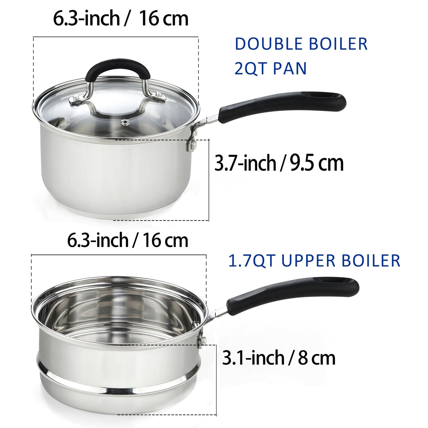 Cook N Home Professional Double Boiler Saucepan 2-Quart, 18-10 Stainless Steel Steam Melting Pot for Butter Chocolate Cheese, Tempered Glass Lid, Silver